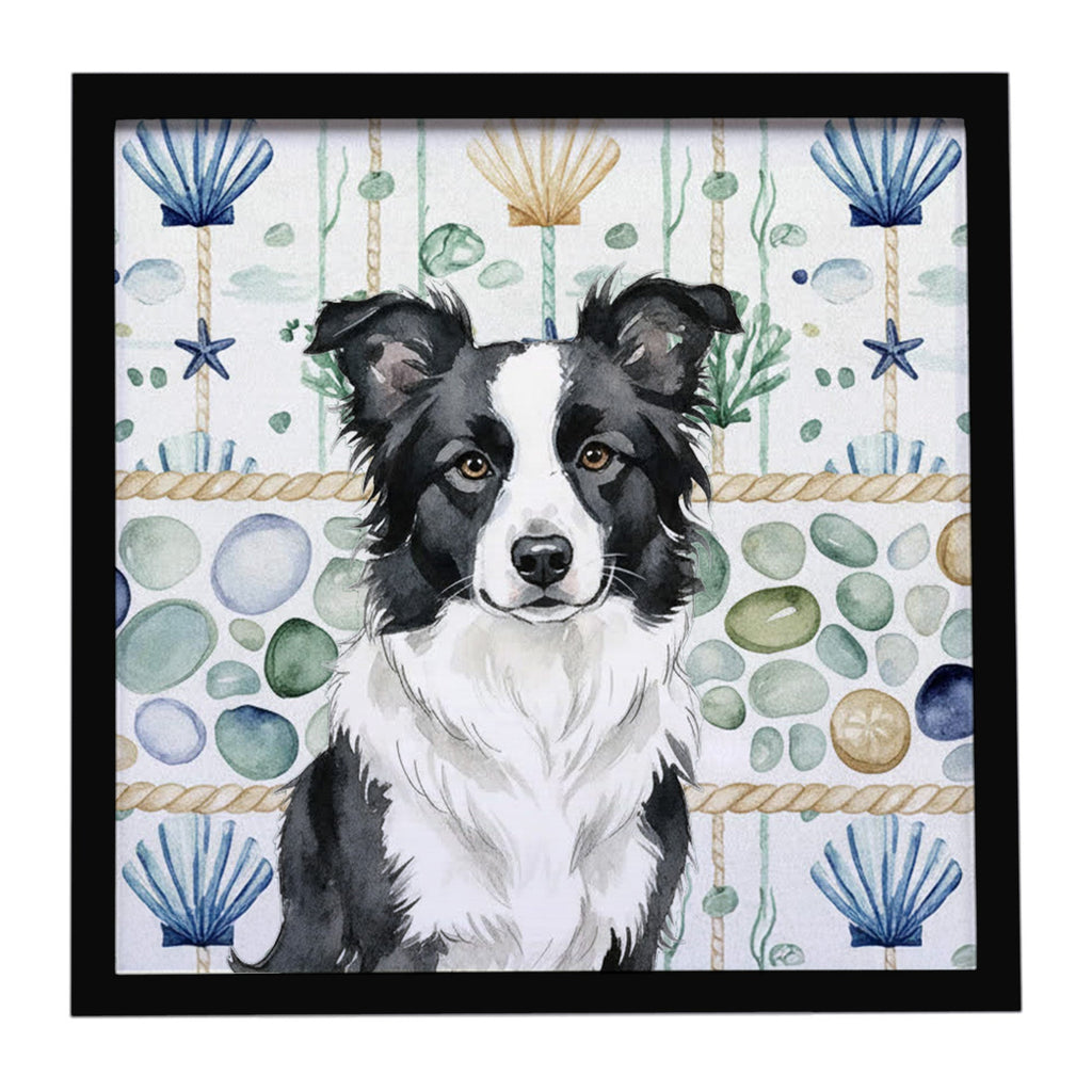 Border Collie Coastal Sea Glass Framed Metal Print Bathroom, Kitchen, Office, Home Decor Wall Art Ready to Hang, Square, 8X8