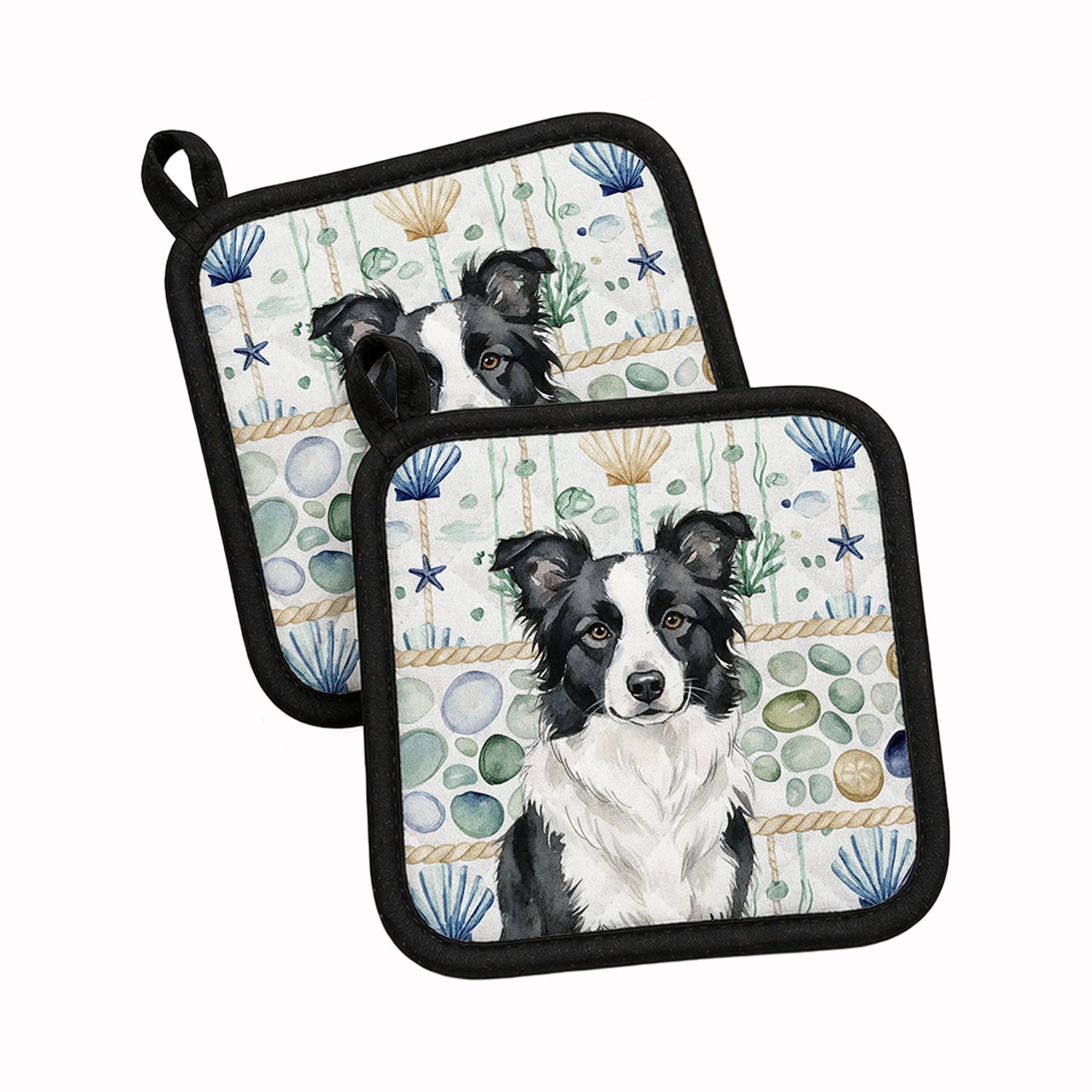 Border Collie Coastal Sea Glass Pot Holder Set of 2 Heat Resistant Quilted Hot Pads 7.5 x 7.5 Inch, Insulated Kitchen Trivets for Cooking & Baking