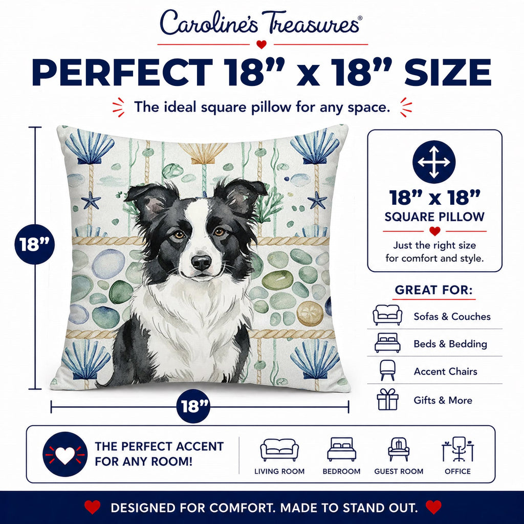 Border Collie Coastal Sea Glass Decorative Throw Pillow 18x18 Indoor Outdoor Accent Cushion, Fabric Cover with Insert for Sofa, Bed, Porch & Living Room