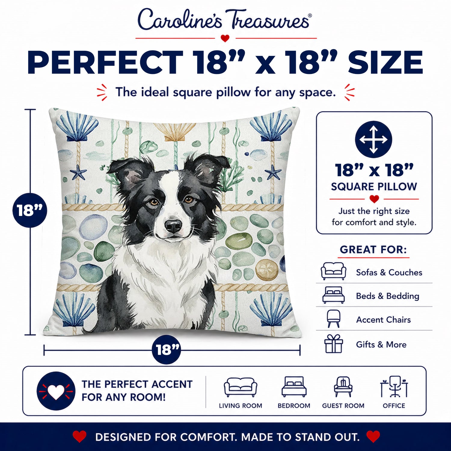 Border Collie Coastal Sea Glass Decorative Throw Pillow 18x18 Indoor Outdoor Accent Cushion, Fabric Cover with Insert for Sofa, Bed, Porch & Living Room