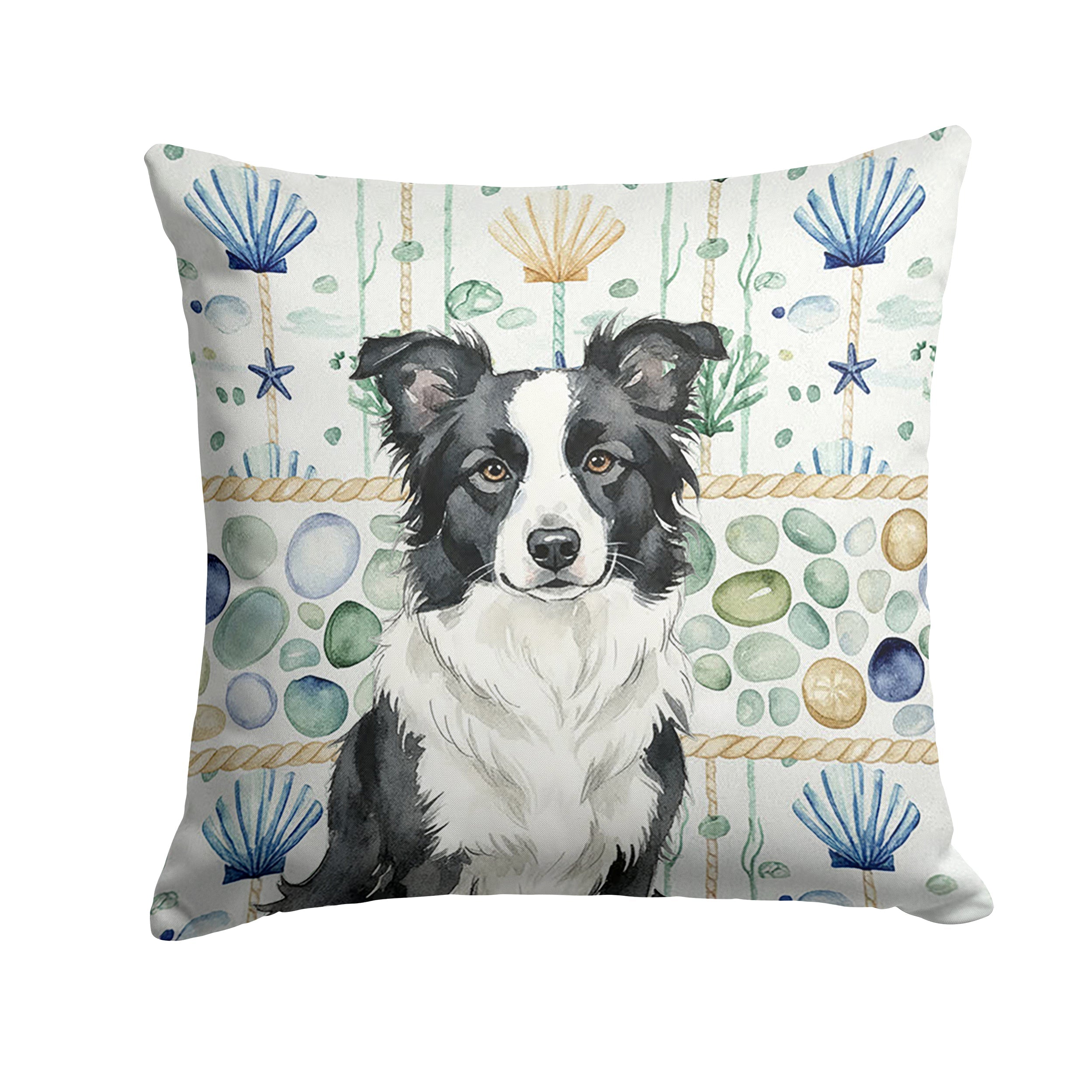 Border Collie Coastal Sea Glass Decorative Throw Pillow 18x18 Indoor Outdoor Accent Cushion, Fabric Cover with Insert for Sofa, Bed, Porch & Living Room
