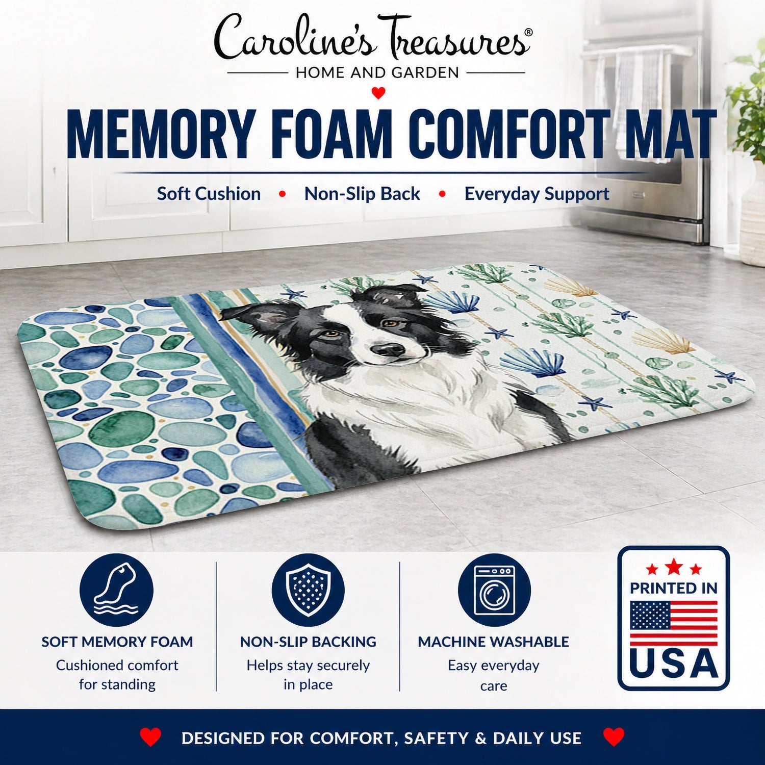 Border Collie Coastal Sea Glass Memory Foam Kitchen Mat Machine Washable Anti-Fatigue Cushion Comfort Bath or Kitchen Rug