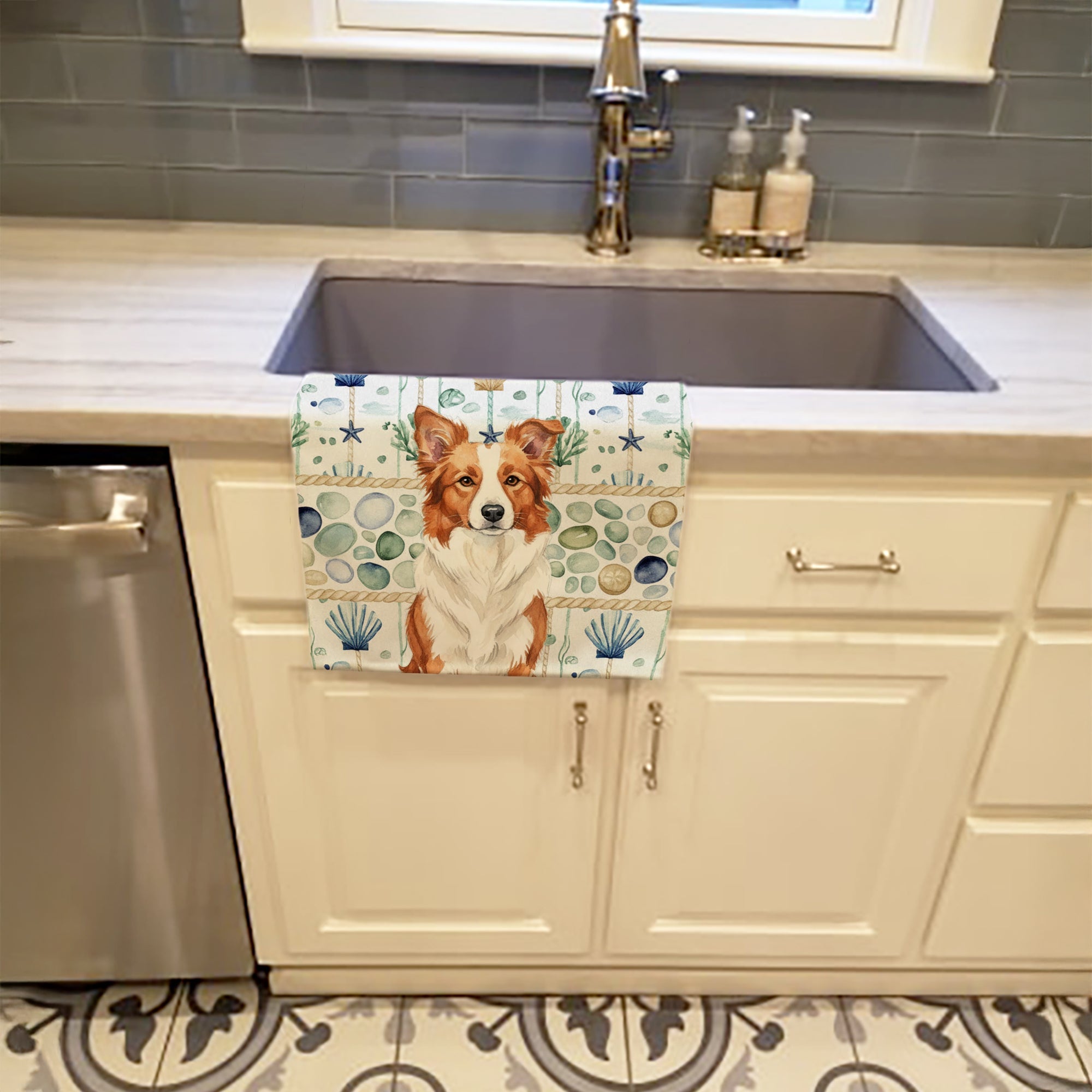 Red and White Border Collie Coastal Sea Glass Kitchen Towel Velour Plush Front and Cotton Loop Back Machine Washable