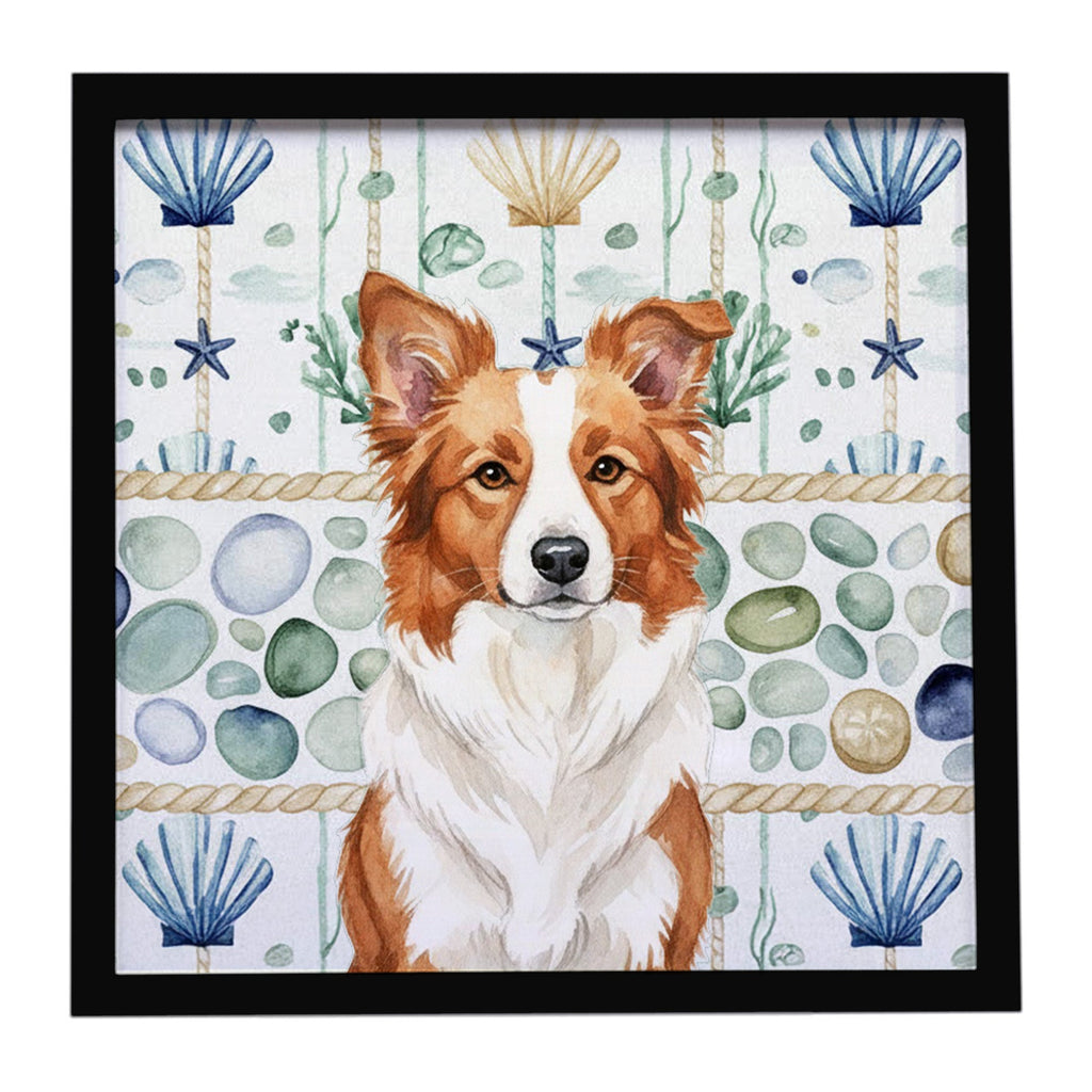 Red and White Border Collie Coastal Sea Glass Framed Metal Print Bathroom, Kitchen, Office, Home Decor Wall Art Ready to Hang, Square, 8X8