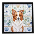 Red and White Border Collie Coastal Sea Glass Framed Metal Print Bathroom, Kitchen, Office, Home Decor Wall Art Ready to Hang, Square, 8X8