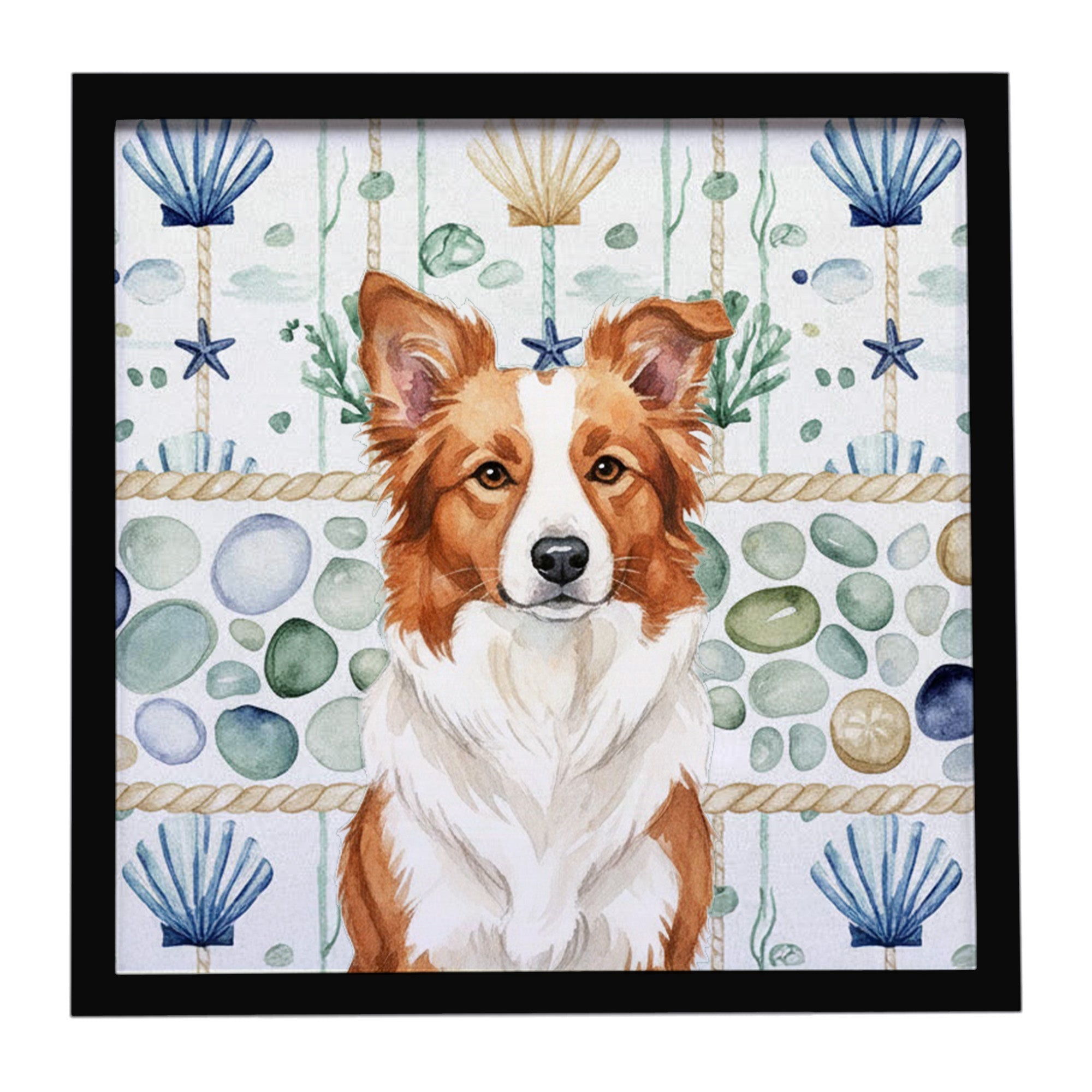 Red and White Border Collie Coastal Sea Glass Framed Metal Print Bathroom, Kitchen, Office, Home Decor Wall Art Ready to Hang, Square, 8X8