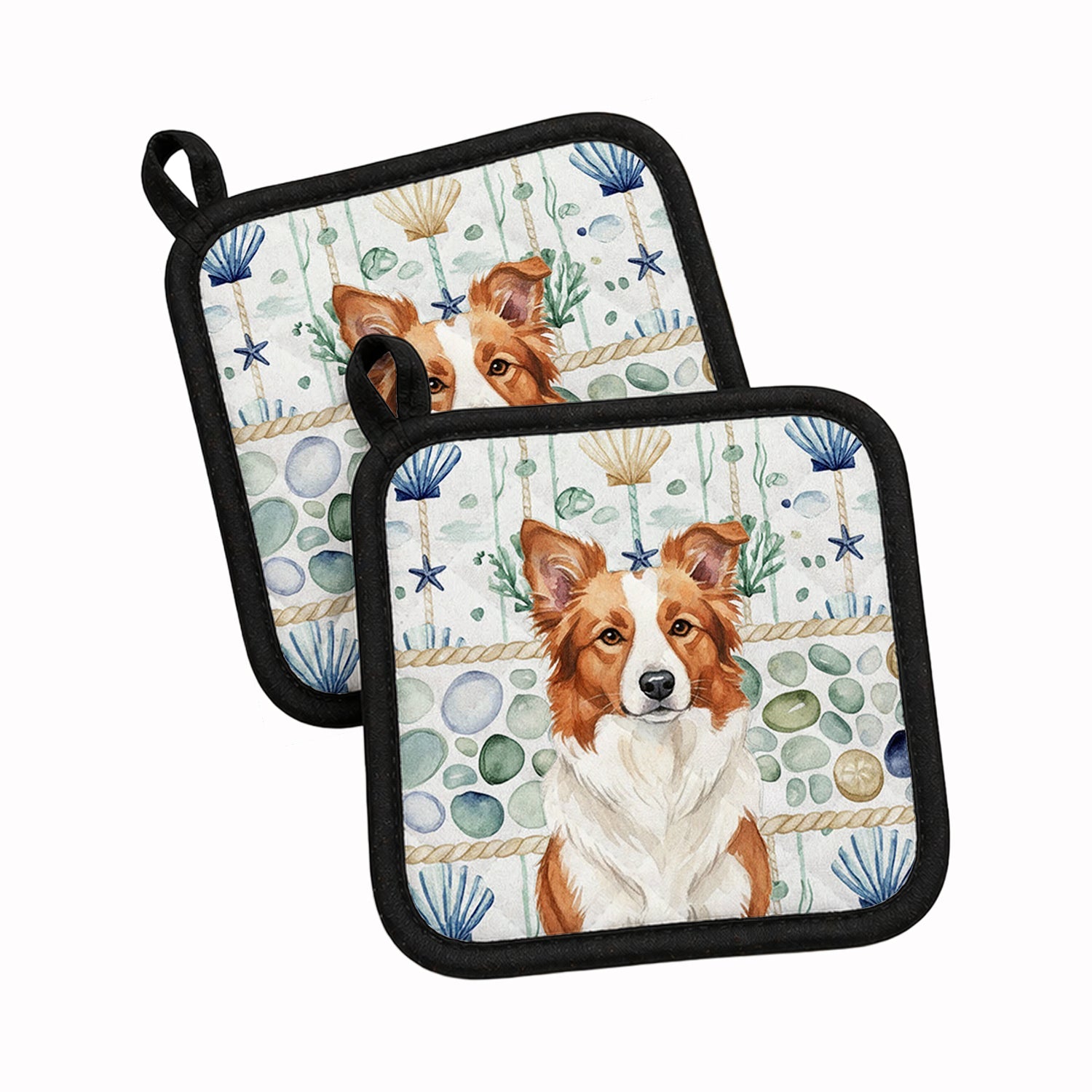 Red and White Border Collie Coastal Sea Glass Pot Holder Set of 2 Heat Resistant Quilted Hot Pads 7.5 x 7.5 Inch, Insulated Kitchen Trivets for Cooking & Baking