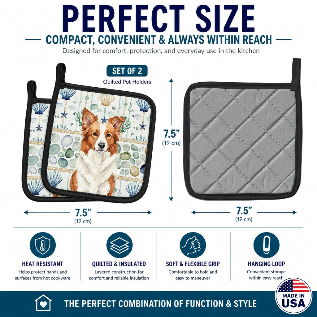 Red and White Border Collie Coastal Sea Glass Pot Holder Set of 2 Heat Resistant Quilted Hot Pads 7.5 x 7.5 Inch, Insulated Kitchen Trivets for Cooking & Baking