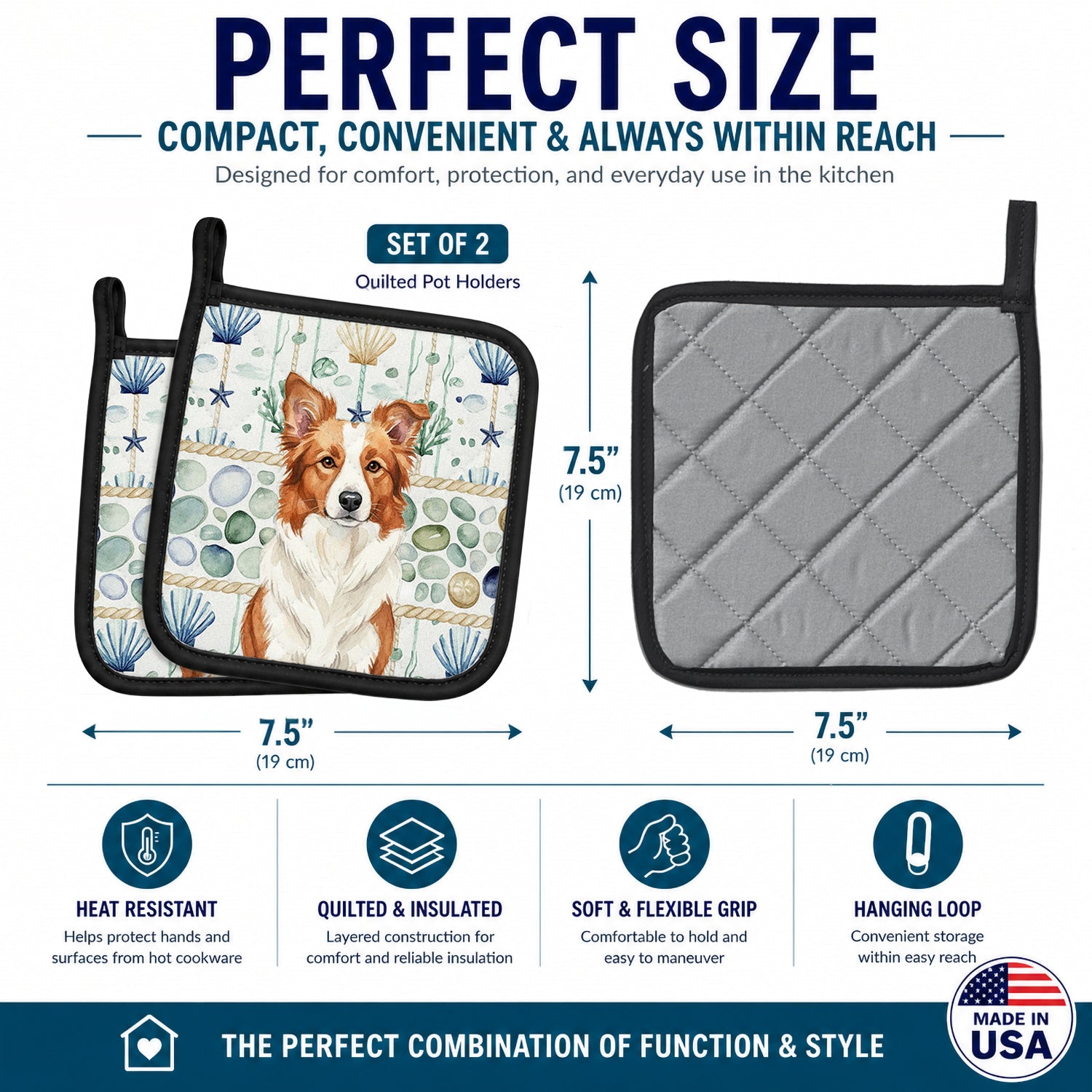 Red and White Border Collie Coastal Sea Glass Pot Holder Set of 2 Heat Resistant Quilted Hot Pads 7.5 x 7.5 Inch, Insulated Kitchen Trivets for Cooking & Baking