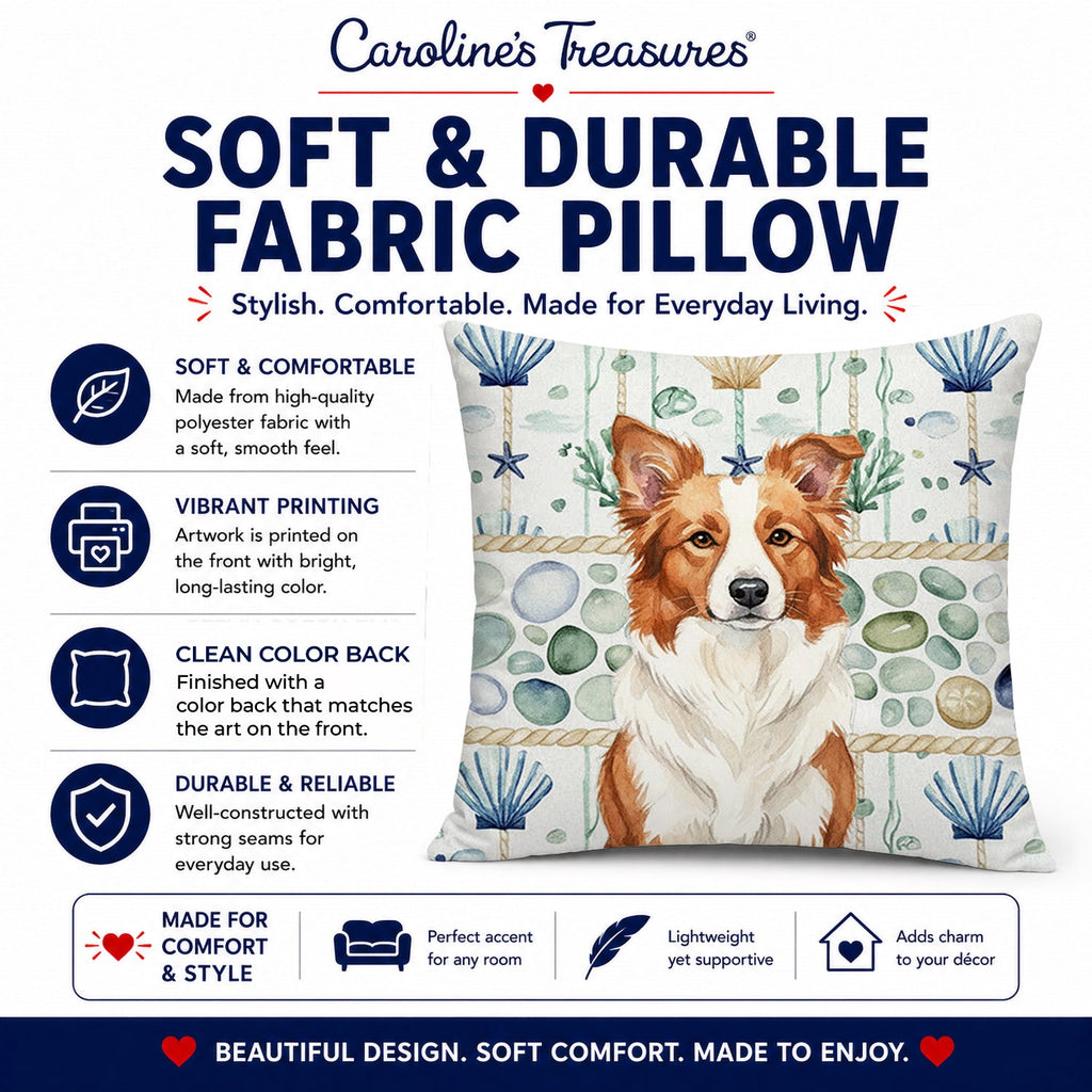 Red and White Border Collie Coastal Sea Glass Decorative Throw Pillow 14x14 Indoor Outdoor Accent Cushion, Fabric Cover with Insert for Sofa, Bed, Porch & Living Room