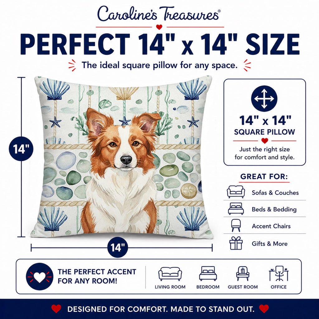 Red and White Border Collie Coastal Sea Glass Decorative Throw Pillow 14x14 Indoor Outdoor Accent Cushion, Fabric Cover with Insert for Sofa, Bed, Porch & Living Room