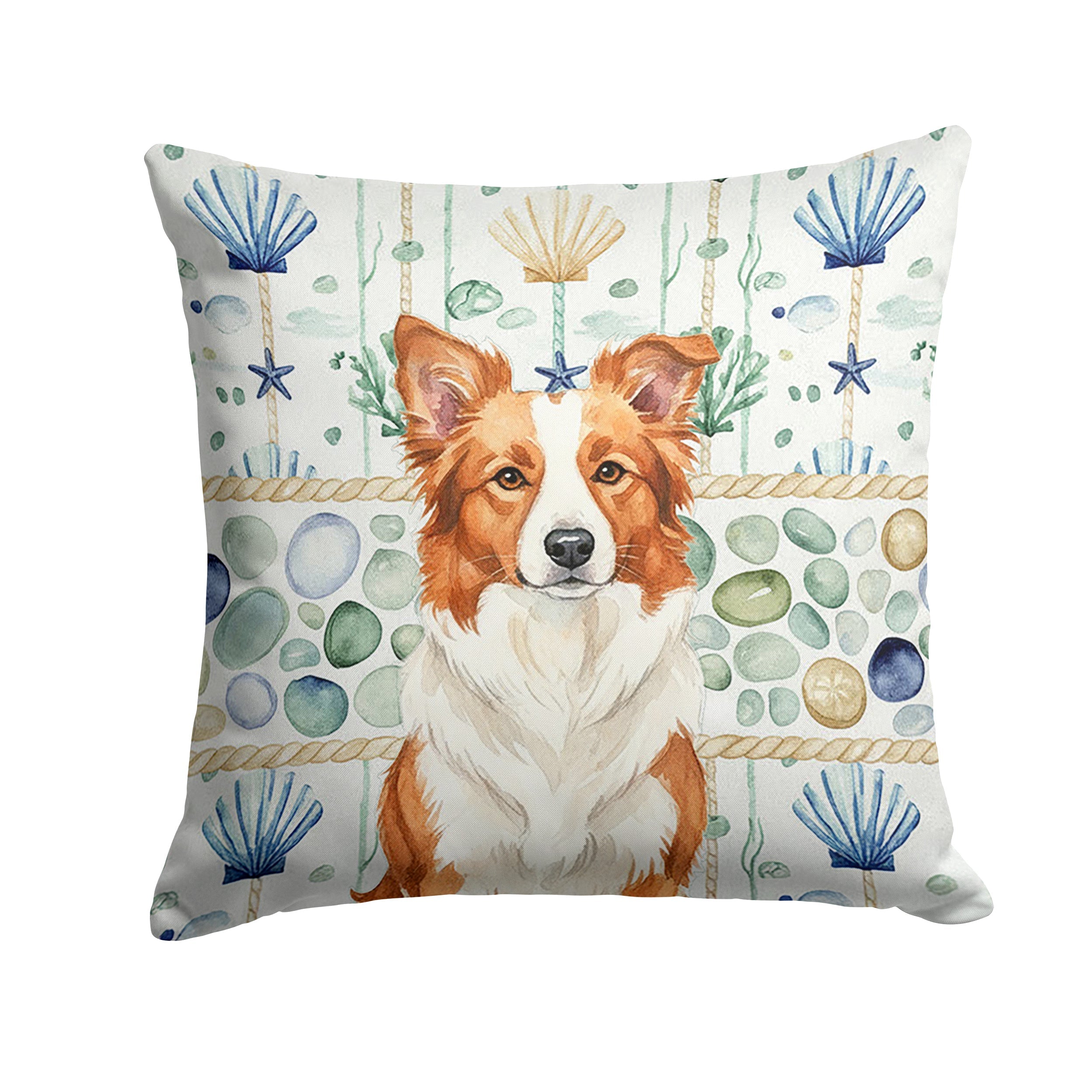 Red and White Border Collie Coastal Sea Glass Decorative Throw Pillow 18x18 Indoor Outdoor Accent Cushion, Fabric Cover with Insert for Sofa, Bed, Porch & Living Room