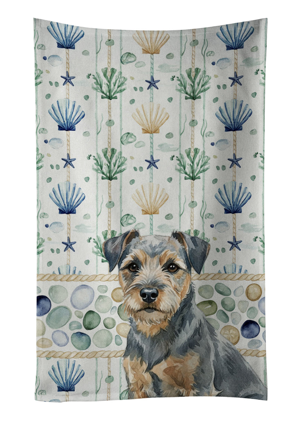 Blue and Tan Border Terrier Coastal Sea Glass Kitchen Towel Velour Plush Front and Cotton Loop Back Machine Washable