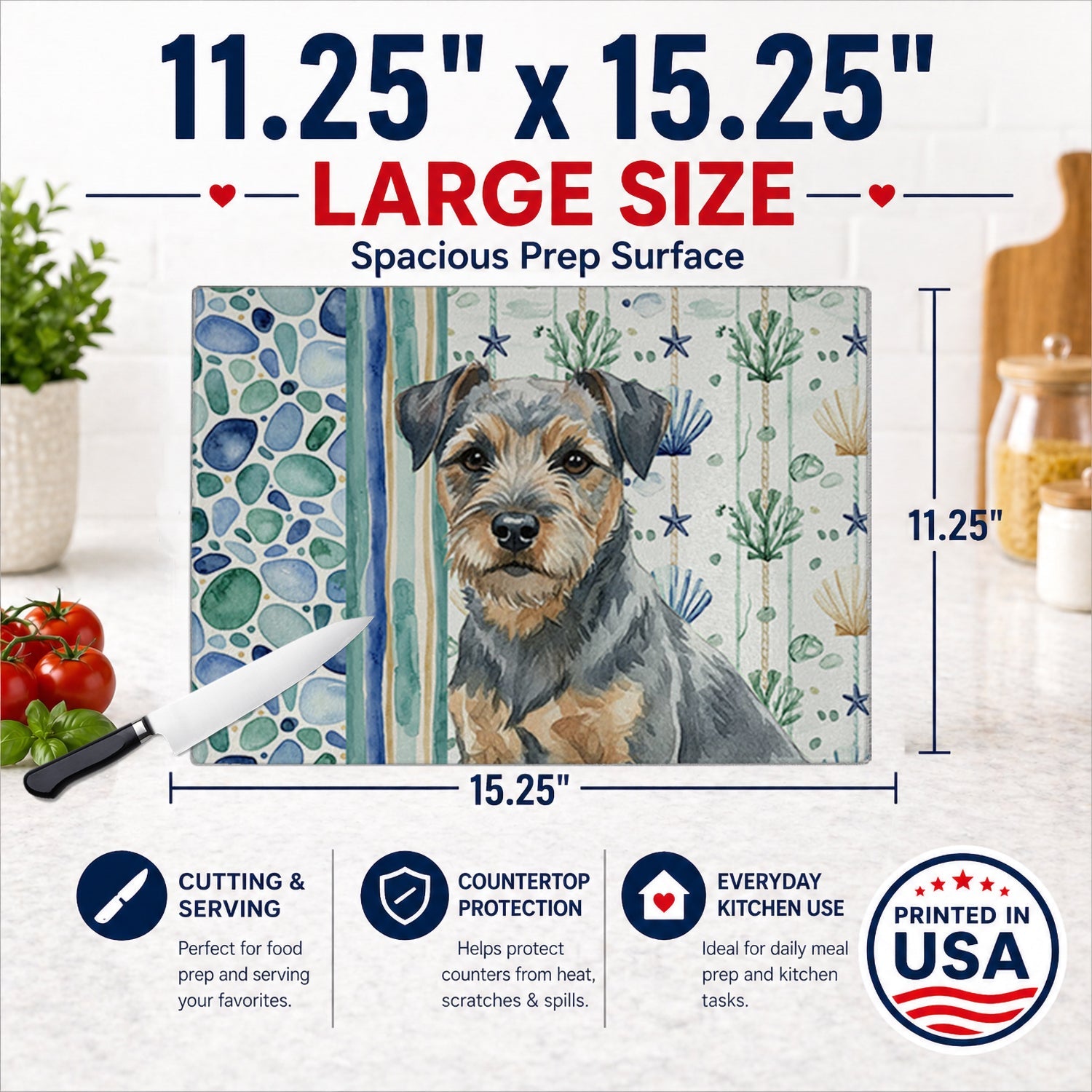 Blue and Tan Border Terrier Coastal Sea Glass Cutting Board Tempered Glass Kitchen Cutting Surface, Heat Resistant Chopping, Non-Slip Feet, Food Prep & Serving