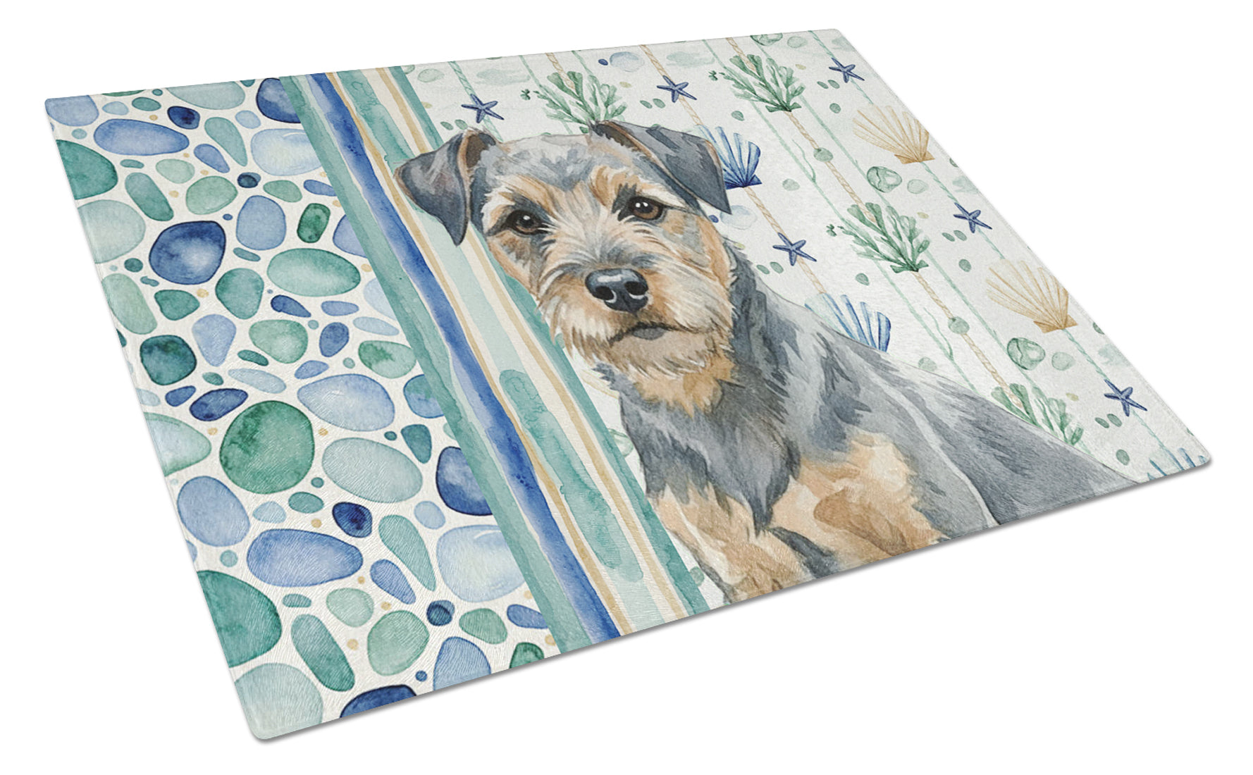 Blue and Tan Border Terrier Coastal Sea Glass Cutting Board Tempered Glass Kitchen Cutting Surface, Heat Resistant Chopping, Non-Slip Feet, Food Prep & Serving