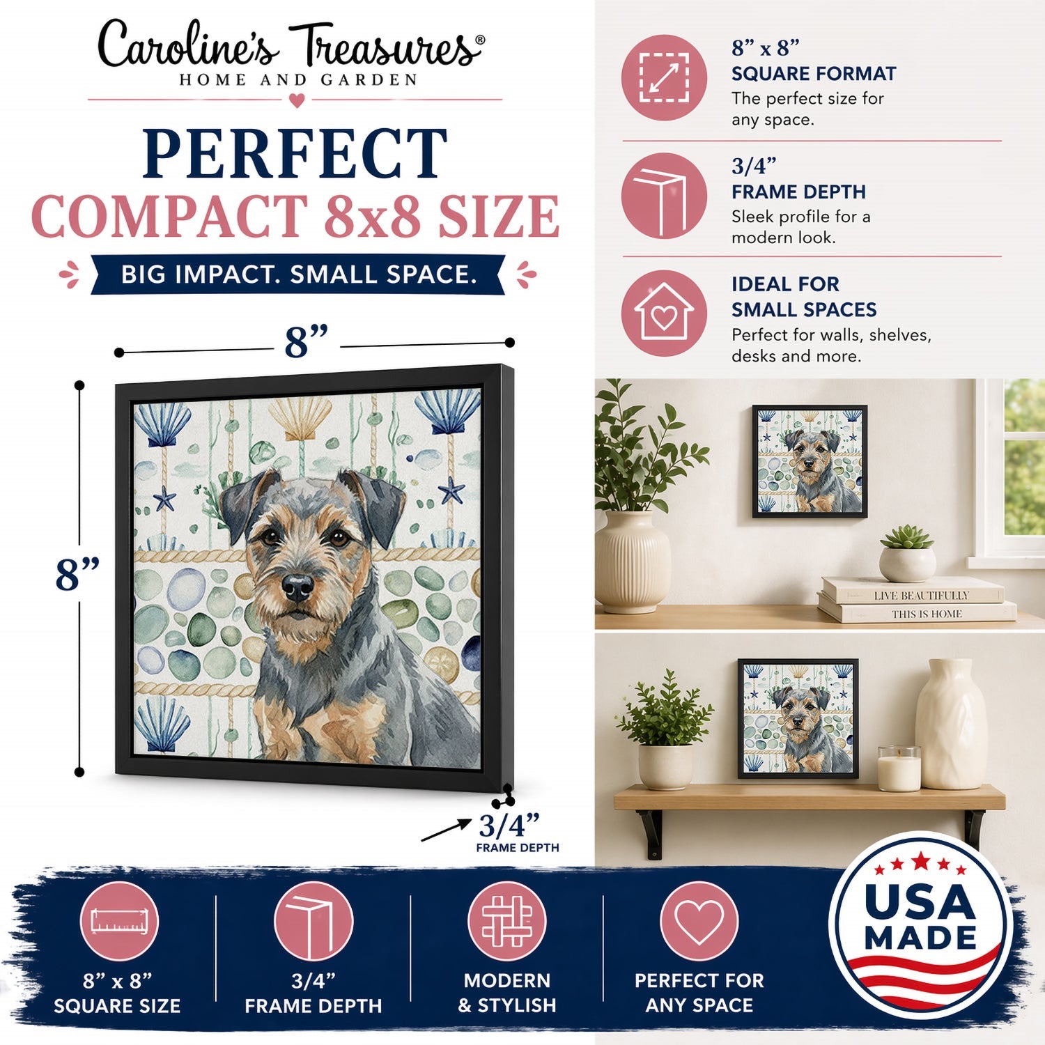Blue and Tan Border Terrier Coastal Sea Glass Framed Metal Print Bathroom, Kitchen, Office, Home Decor Wall Art Ready to Hang, Square, 8X8