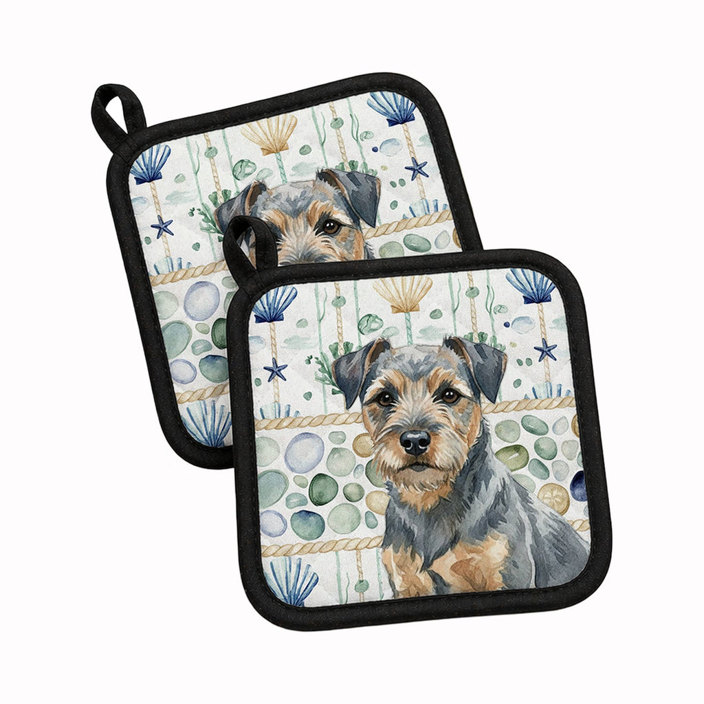 Blue and Tan Border Terrier Coastal Sea Glass Pot Holder Set of 2 Heat Resistant Quilted Hot Pads 7.5 x 7.5 Inch, Insulated Kitchen Trivets for Cooking & Baking