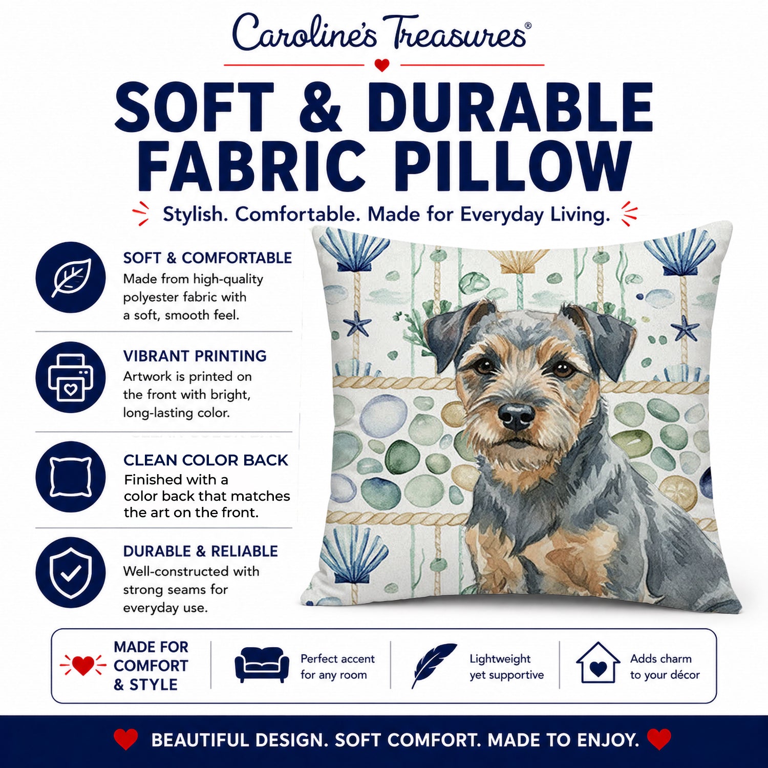 Blue and Tan Border Terrier Coastal Sea Glass Decorative Throw Pillow 18x18 Indoor Outdoor Accent Cushion, Fabric Cover with Insert for Sofa, Bed, Porch & Living Room