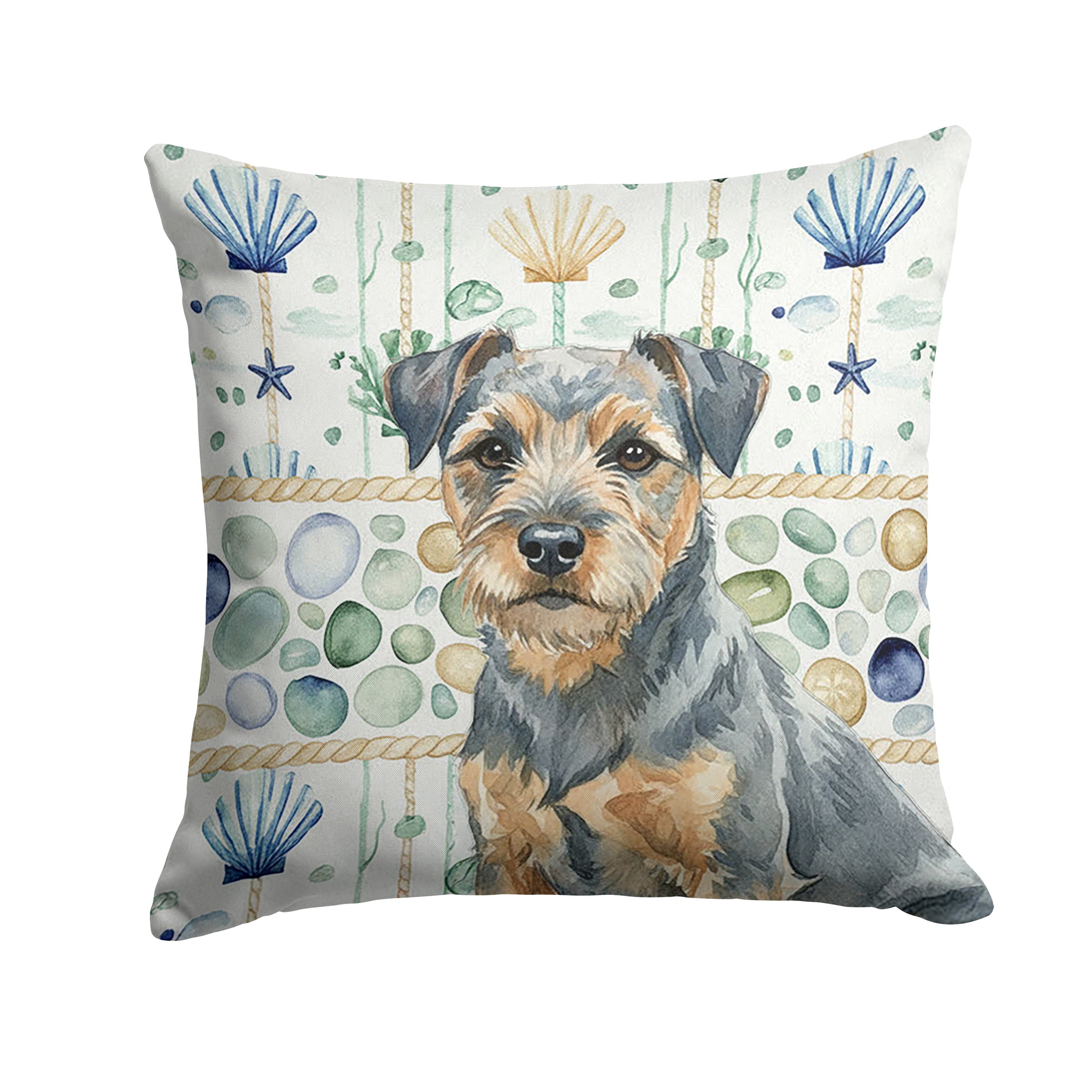Blue and Tan Border Terrier Coastal Sea Glass Decorative Throw Pillow 18x18 Indoor Outdoor Accent Cushion, Fabric Cover with Insert for Sofa, Bed, Porch & Living Room