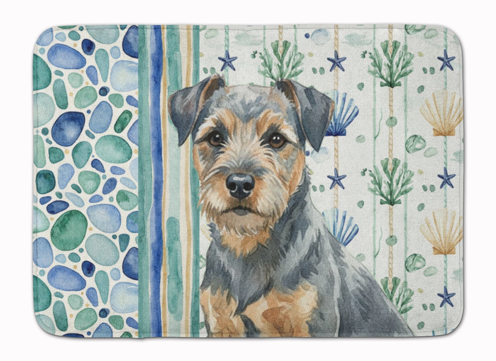 Blue and Tan Border Terrier Coastal Sea Glass Memory Foam Kitchen Mat Machine Washable Anti-Fatigue Cushion Comfort Bath or Kitchen Rug