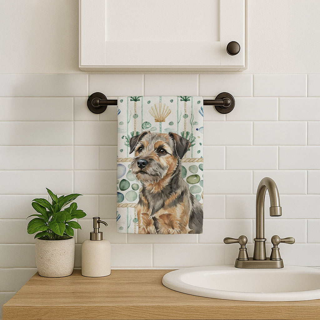 Grizzle and Tan Border Terrier Coastal Sea Glass Kitchen Towel Velour Plush Front and Cotton Loop Back Machine Washable
