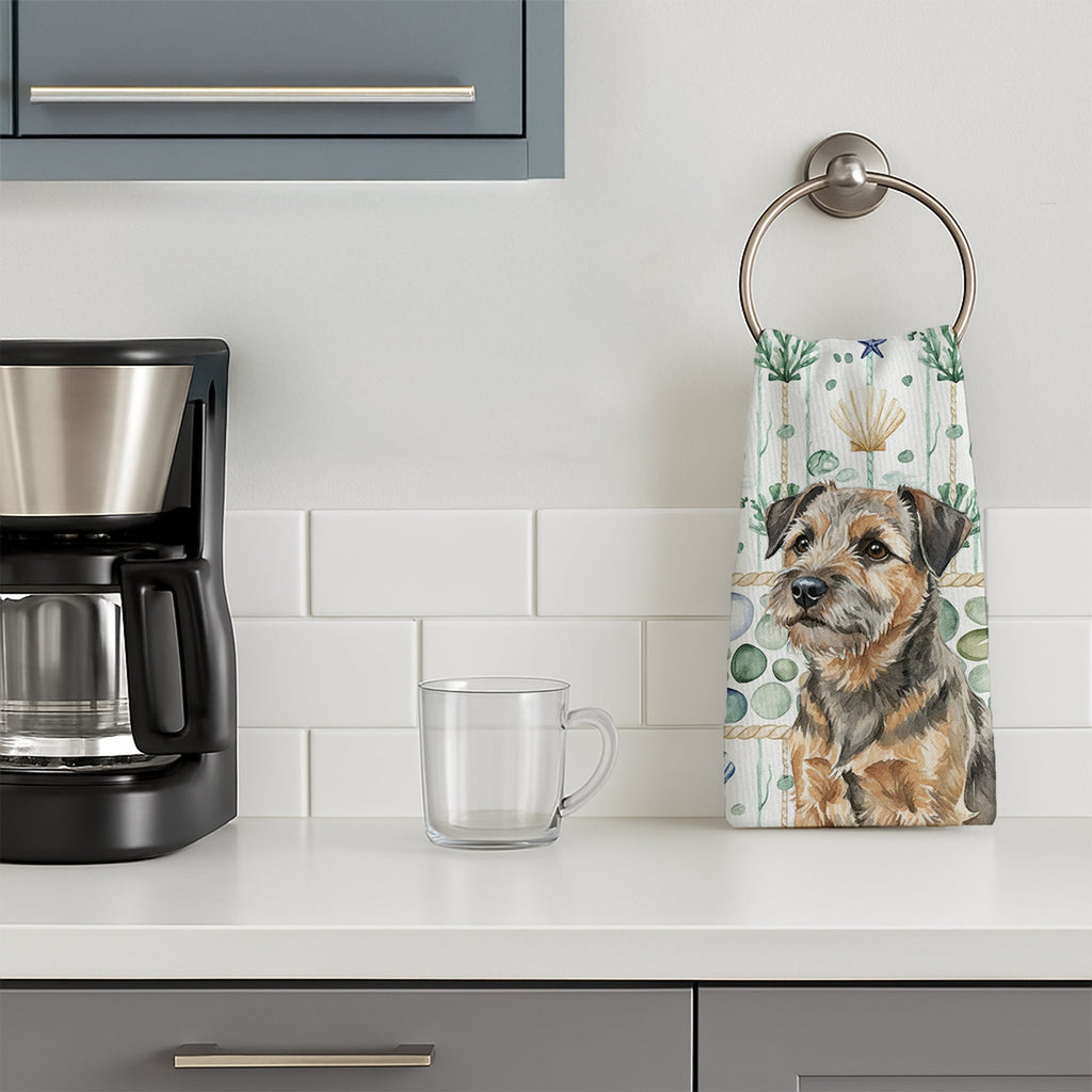 Grizzle and Tan Border Terrier Coastal Sea Glass Kitchen Towel Velour Plush Front and Cotton Loop Back Machine Washable
