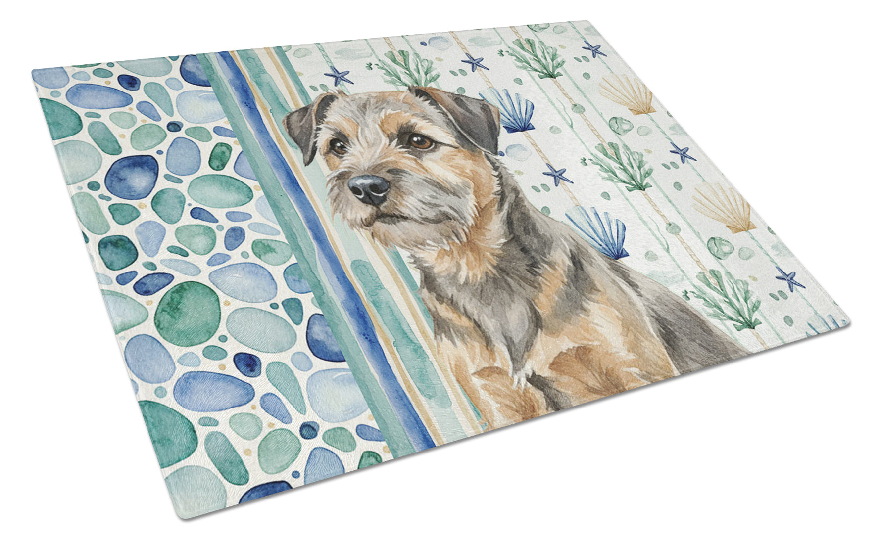 Grizzle and Tan Border Terrier Coastal Sea Glass Cutting Board Tempered Glass Kitchen Cutting Surface, Heat Resistant Chopping, Non-Slip Feet, Food Prep & Serving