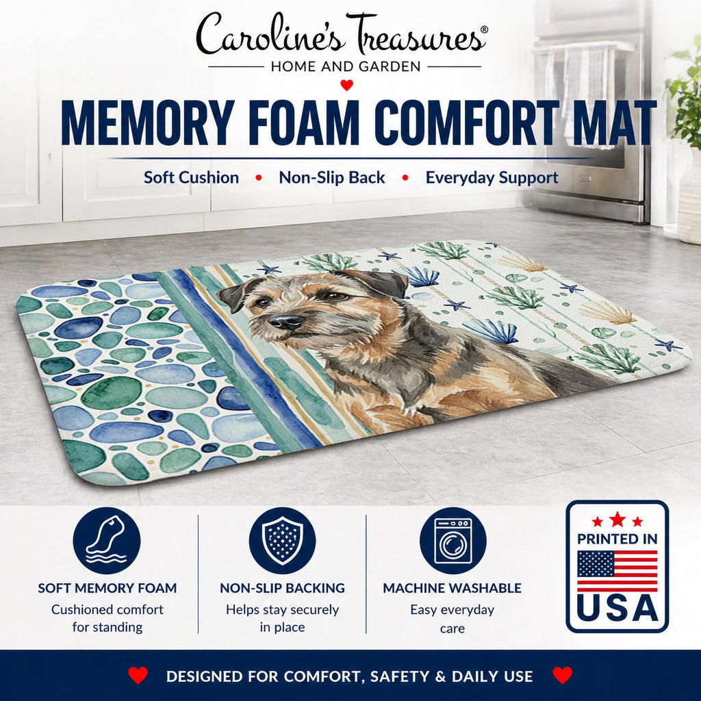 Grizzle and Tan Border Terrier Coastal Sea Glass Memory Foam Kitchen Mat Machine Washable Anti-Fatigue Cushion Comfort Bath or Kitchen Rug