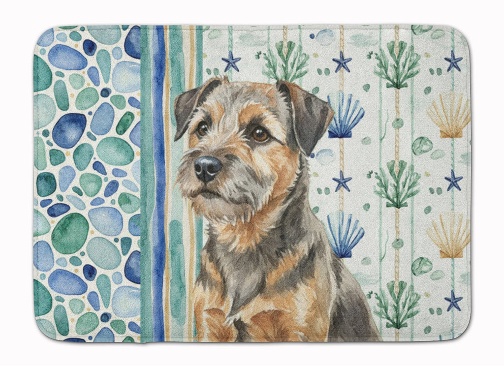 Grizzle and Tan Border Terrier Coastal Sea Glass Memory Foam Kitchen Mat Machine Washable Anti-Fatigue Cushion Comfort Bath or Kitchen Rug