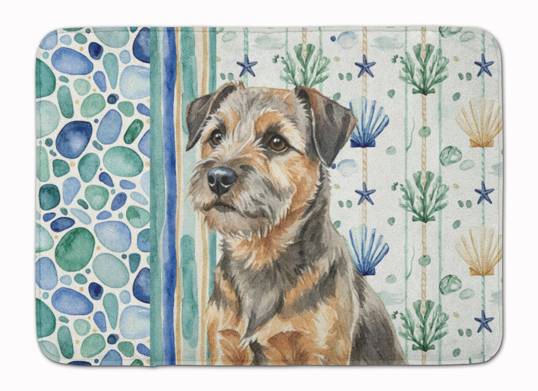 Grizzle and Tan Border Terrier Coastal Sea Glass Memory Foam Kitchen Mat Machine Washable Anti-Fatigue Cushion Comfort Bath or Kitchen Rug