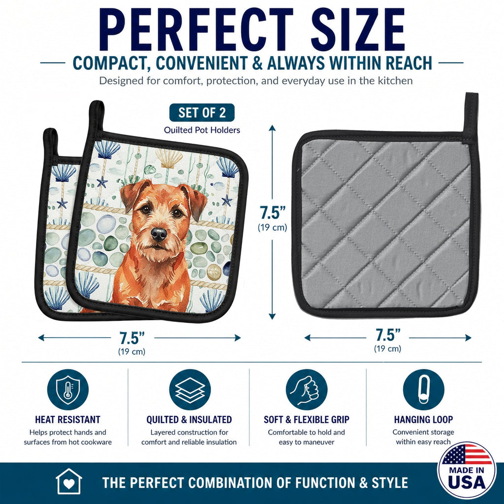 Red Border Terrier Coastal Sea Glass Pot Holder Set of 2 Heat Resistant Quilted Hot Pads 7.5 x 7.5 Inch, Insulated Kitchen Trivets for Cooking & Baking