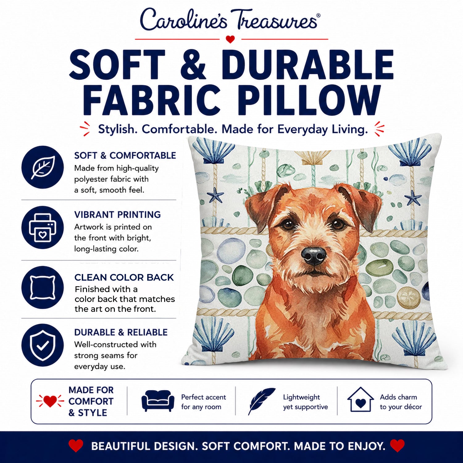 Red Border Terrier Coastal Sea Glass Decorative Throw Pillow 18x18 Indoor Outdoor Accent Cushion, Fabric Cover with Insert for Sofa, Bed, Porch & Living Room