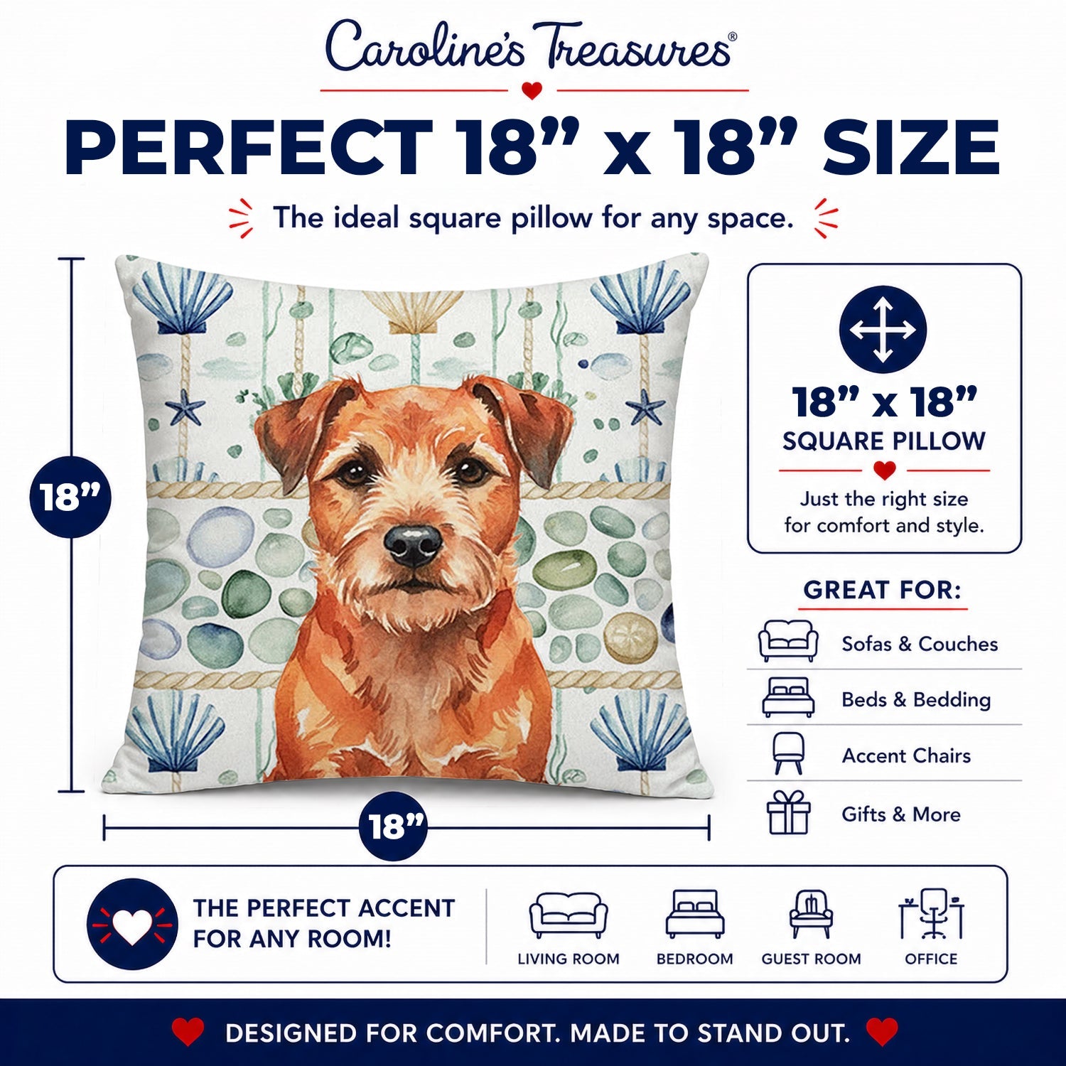 Red Border Terrier Coastal Sea Glass Decorative Throw Pillow 18x18 Indoor Outdoor Accent Cushion, Fabric Cover with Insert for Sofa, Bed, Porch & Living Room