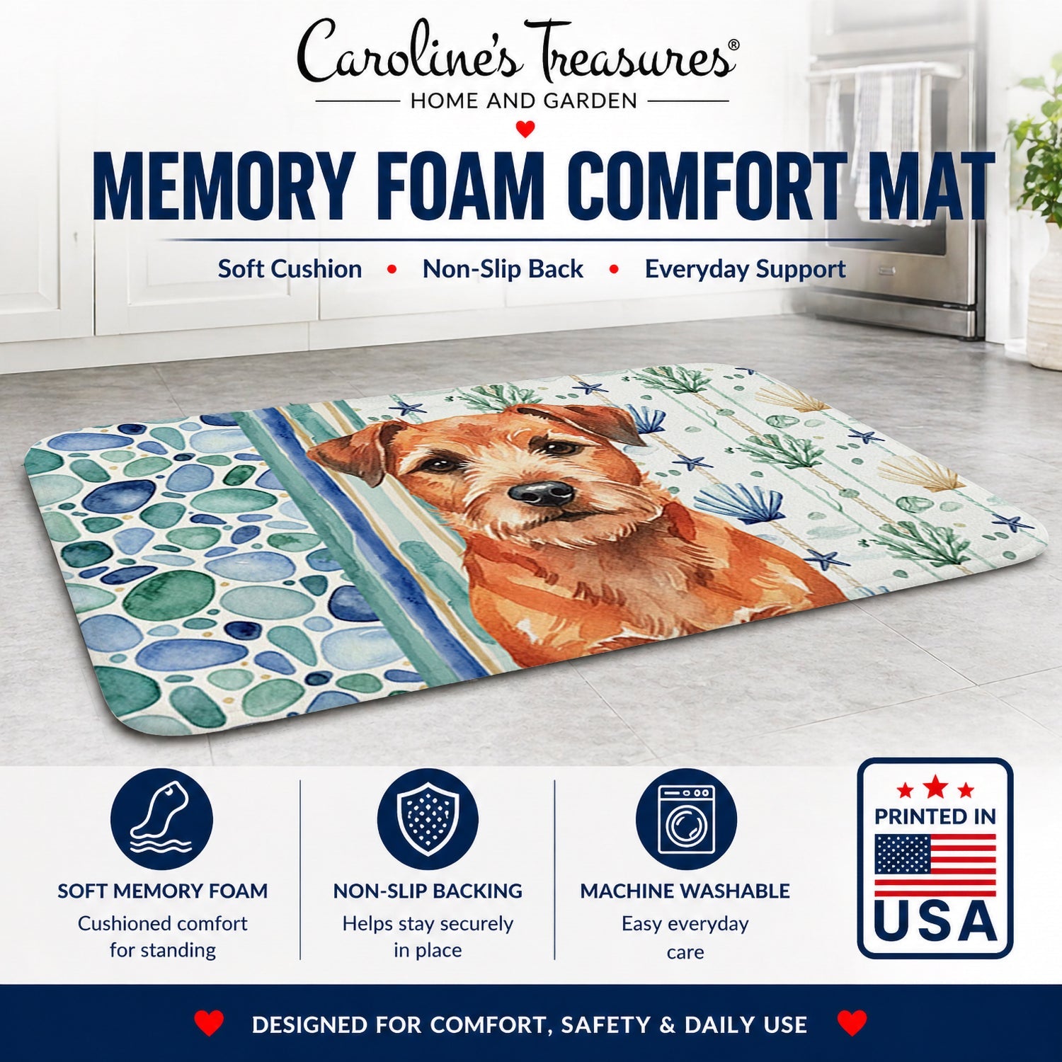 Red Border Terrier Coastal Sea Glass Memory Foam Kitchen Mat Machine Washable Anti-Fatigue Cushion Comfort Bath or Kitchen Rug