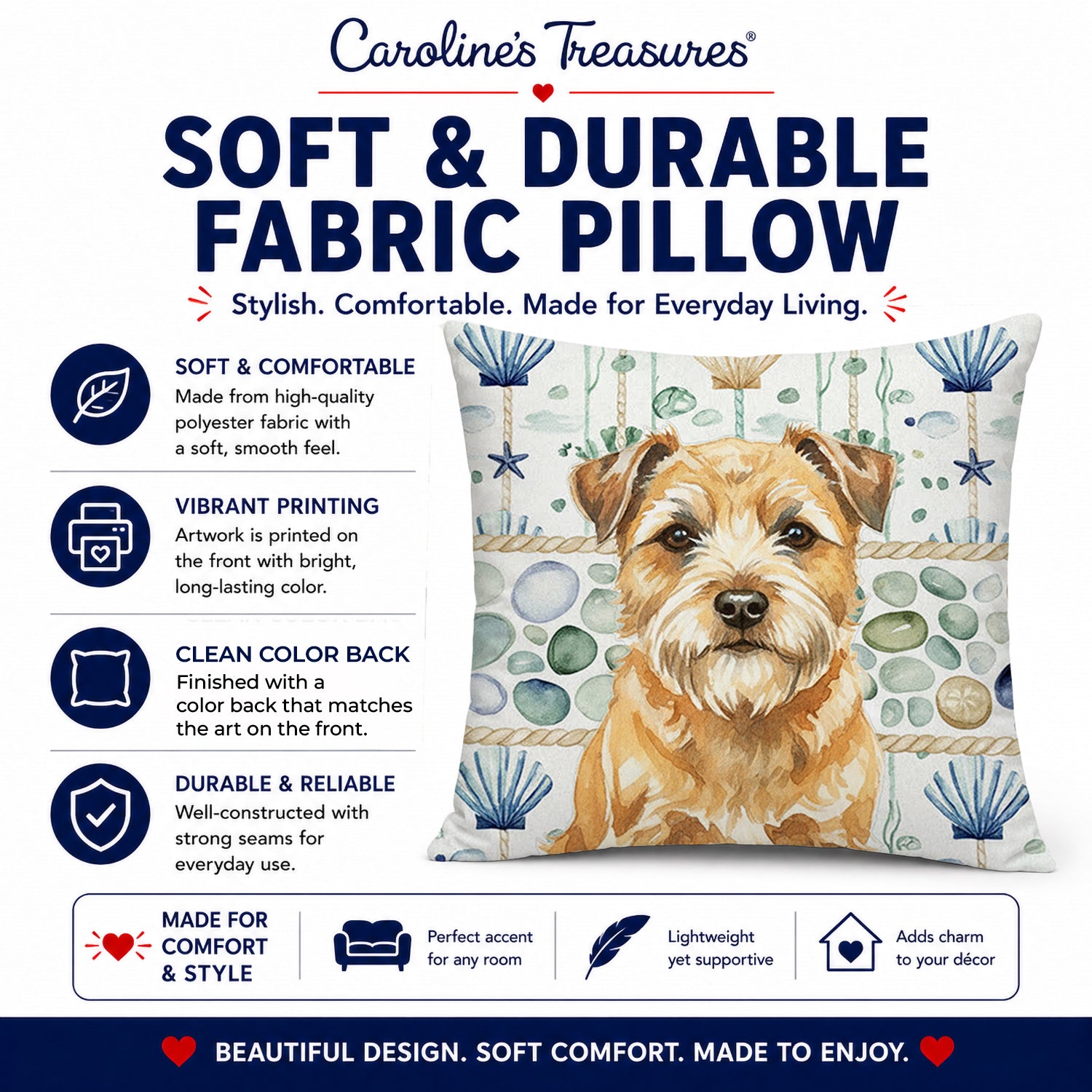 Wheaten Border Terrier Coastal Sea Glass Decorative Throw Pillow 14x14 Indoor Outdoor Accent Cushion, Fabric Cover with Insert for Sofa, Bed, Porch & Living Room