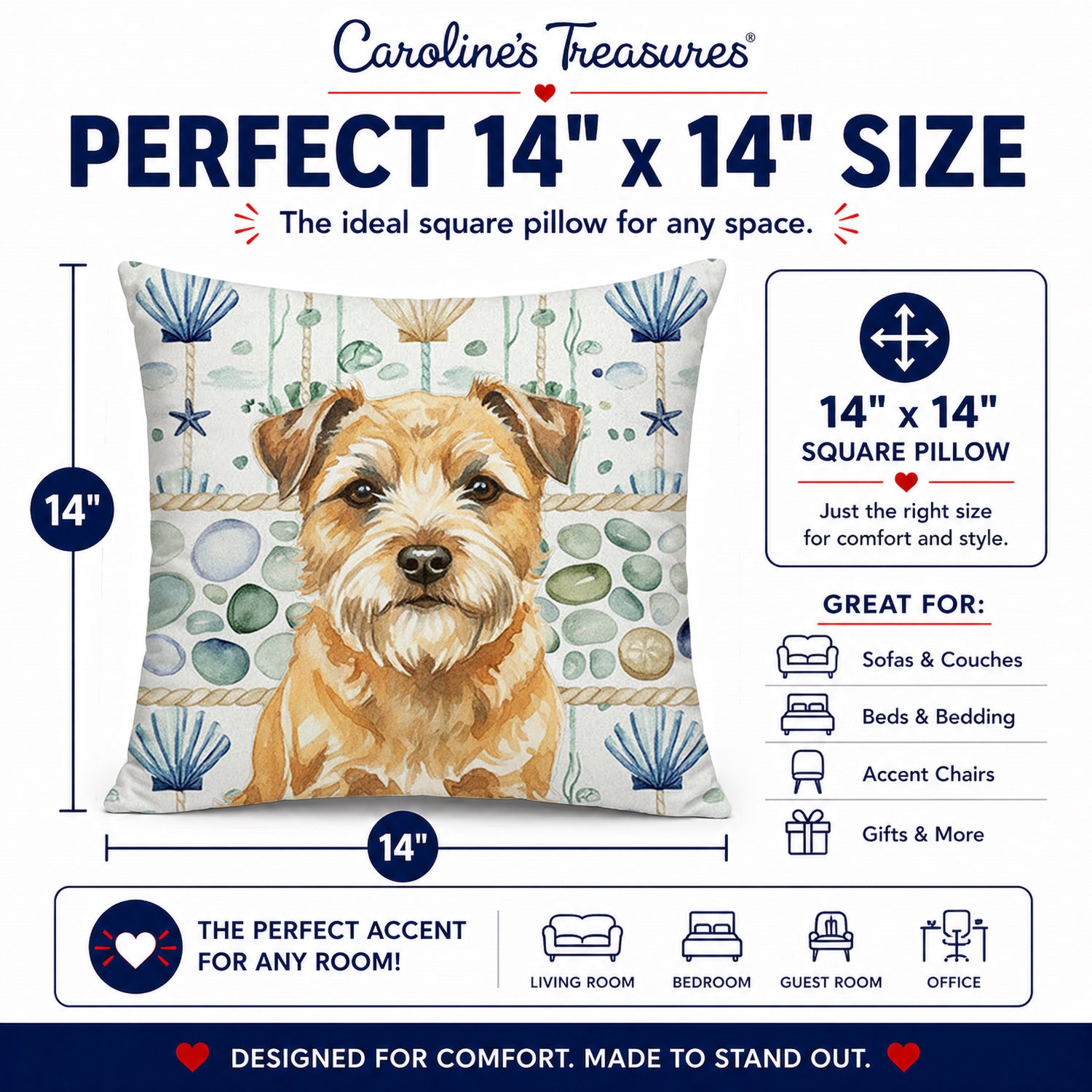 Wheaten Border Terrier Coastal Sea Glass Decorative Throw Pillow 14x14 Indoor Outdoor Accent Cushion, Fabric Cover with Insert for Sofa, Bed, Porch & Living Room