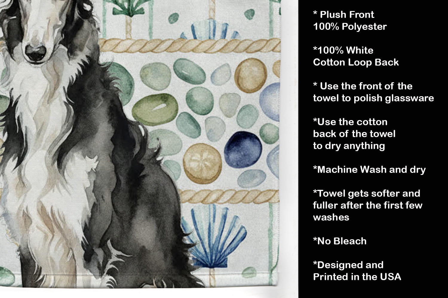Black and White Borzoi Coastal Sea Glass Kitchen Towel Velour Plush Front and Cotton Loop Back Machine Washable