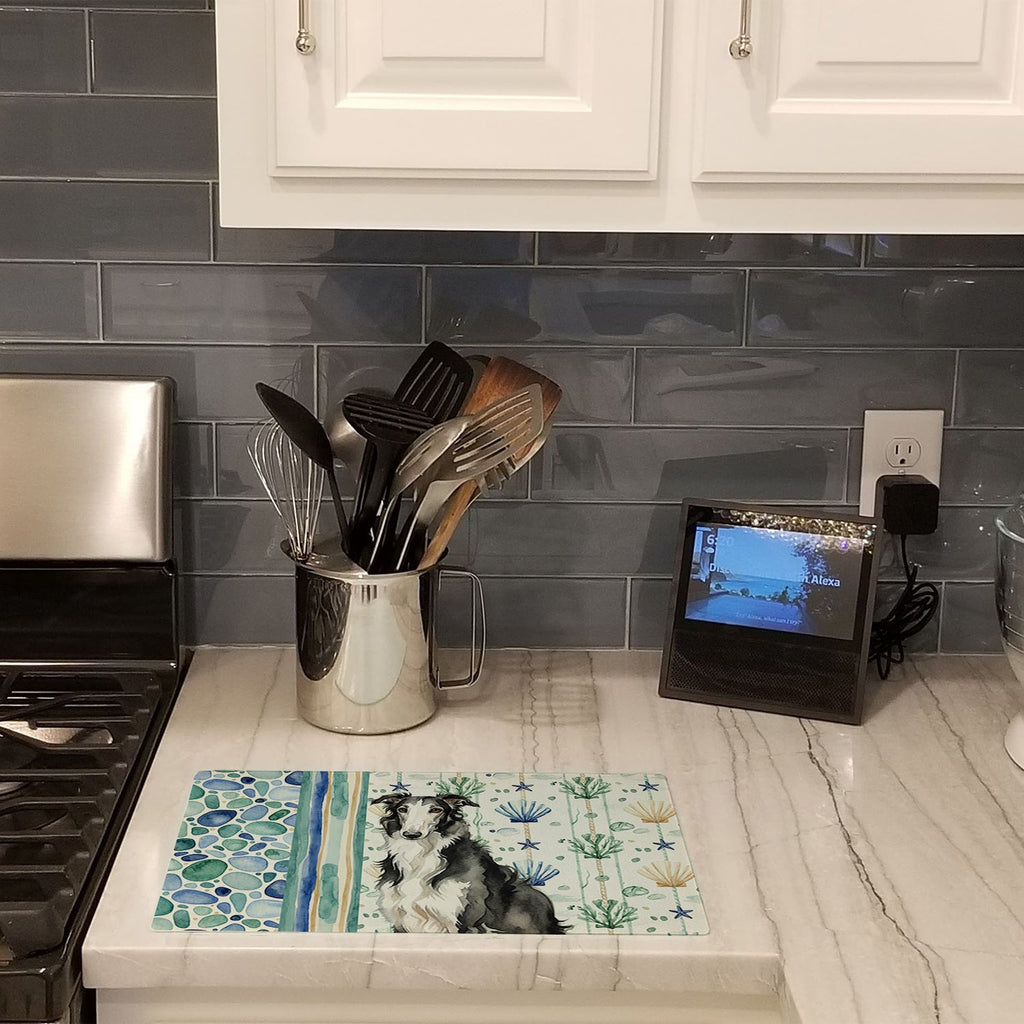 Black and White Borzoi Coastal Sea Glass Cutting Board Tempered Glass Kitchen Cutting Surface, Heat Resistant Chopping, Non-Slip Feet, Food Prep & Serving