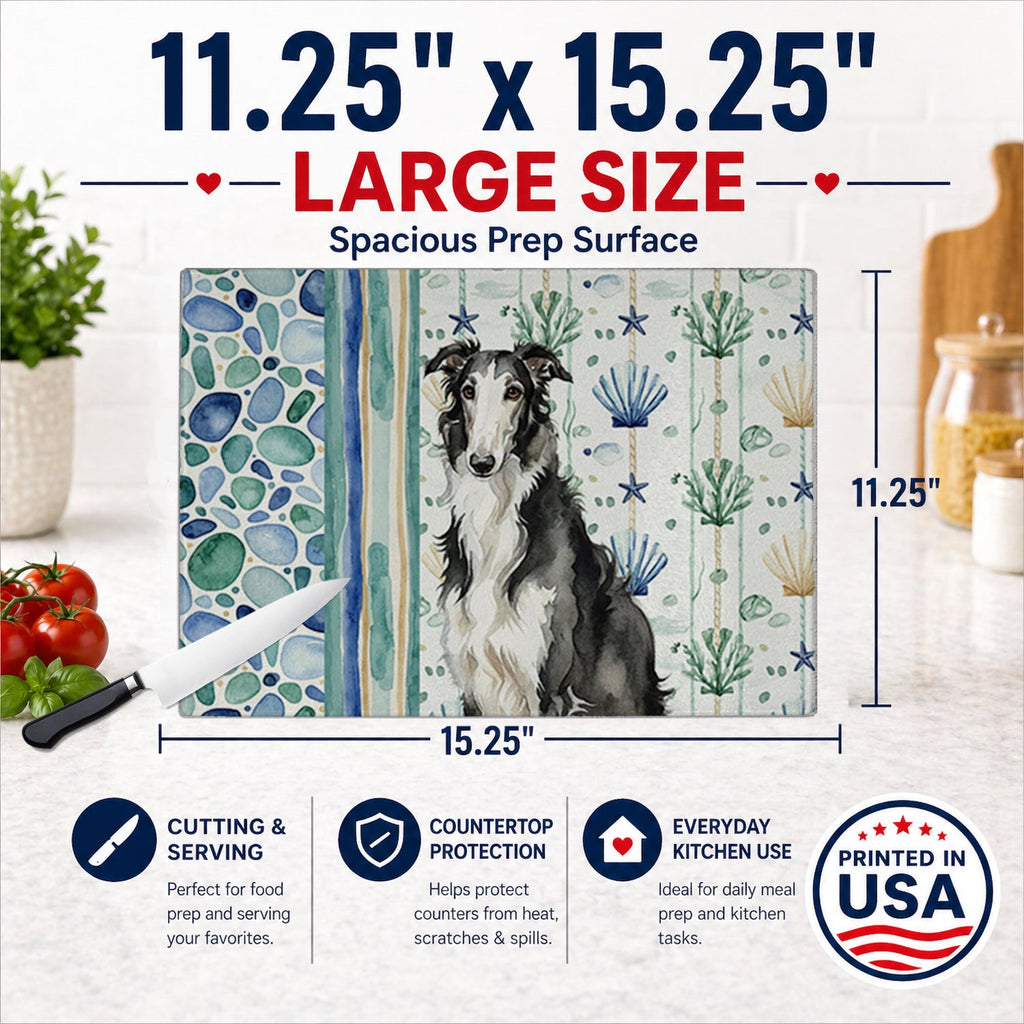 Black and White Borzoi Coastal Sea Glass Cutting Board Tempered Glass Kitchen Cutting Surface, Heat Resistant Chopping, Non-Slip Feet, Food Prep & Serving