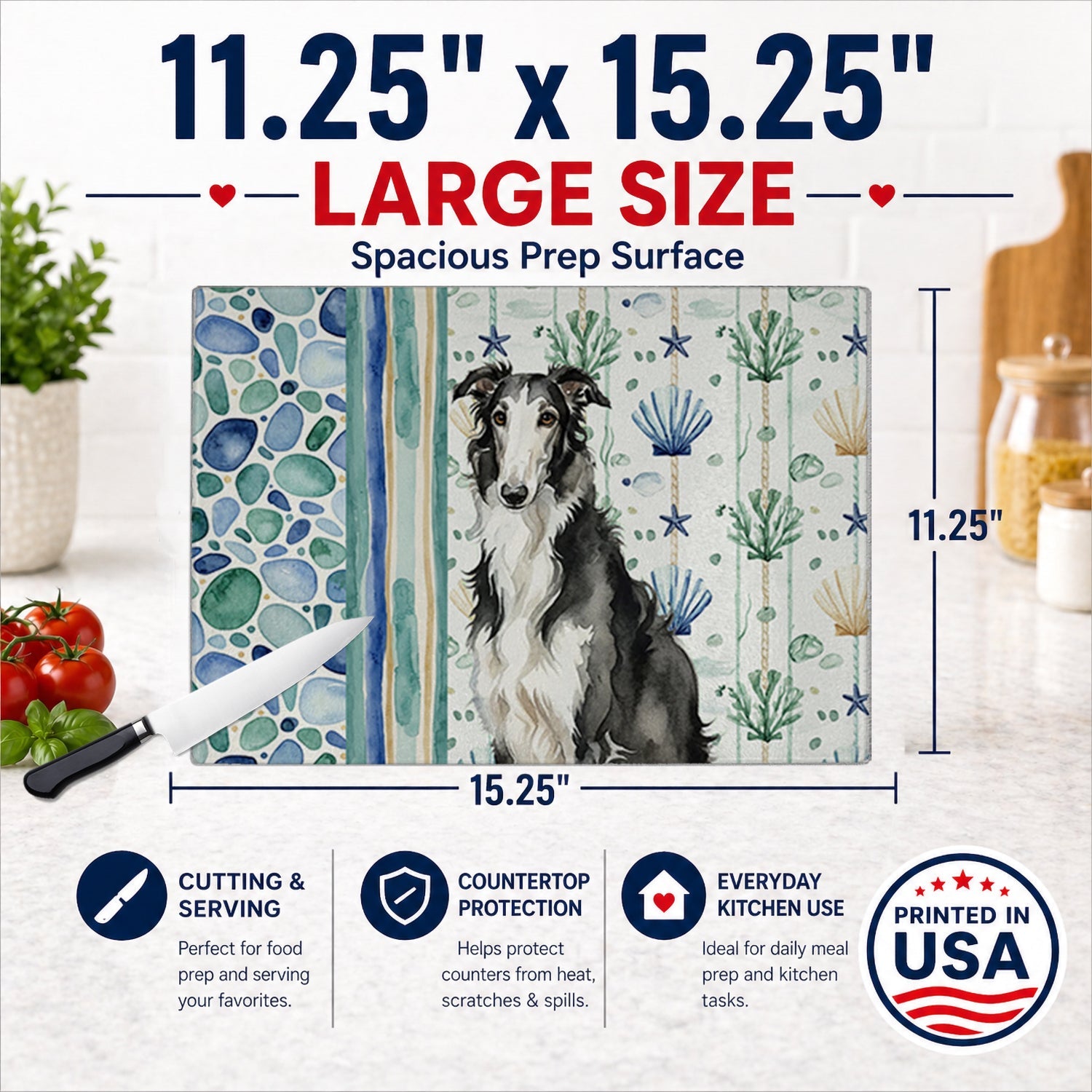 Black and White Borzoi Coastal Sea Glass Cutting Board Tempered Glass Kitchen Cutting Surface, Heat Resistant Chopping, Non-Slip Feet, Food Prep & Serving