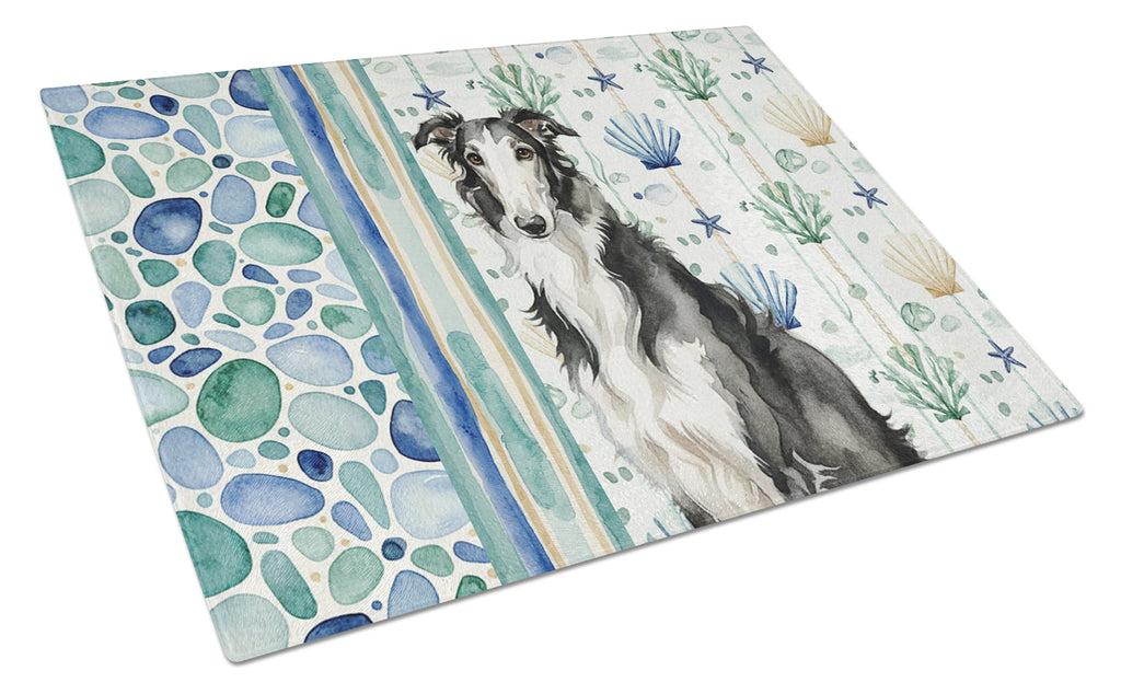 Black and White Borzoi Coastal Sea Glass Cutting Board Tempered Glass Kitchen Cutting Surface, Heat Resistant Chopping, Non-Slip Feet, Food Prep & Serving