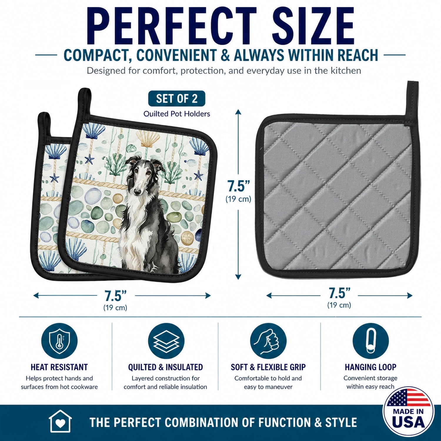 Black and White Borzoi Coastal Sea Glass Pot Holder Set of 2 Heat Resistant Quilted Hot Pads 7.5 x 7.5 Inch, Insulated Kitchen Trivets for Cooking & Baking