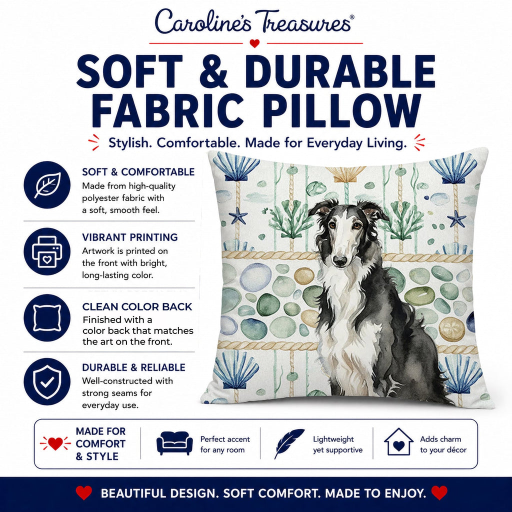 Black and White Borzoi Coastal Sea Glass Decorative Throw Pillow 14x14 Indoor Outdoor Accent Cushion, Fabric Cover with Insert for Sofa, Bed, Porch & Living Room