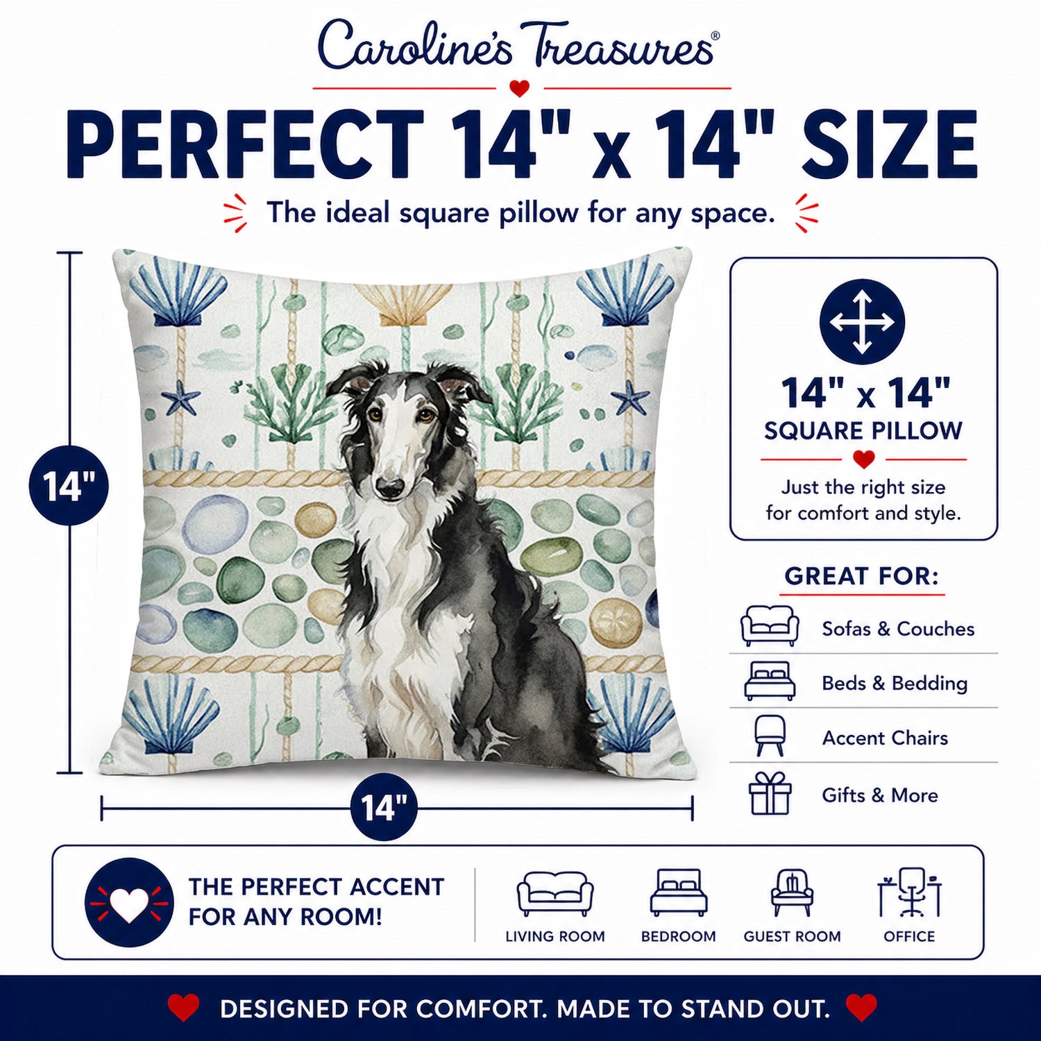 Black and White Borzoi Coastal Sea Glass Decorative Throw Pillow 14x14 Indoor Outdoor Accent Cushion, Fabric Cover with Insert for Sofa, Bed, Porch & Living Room