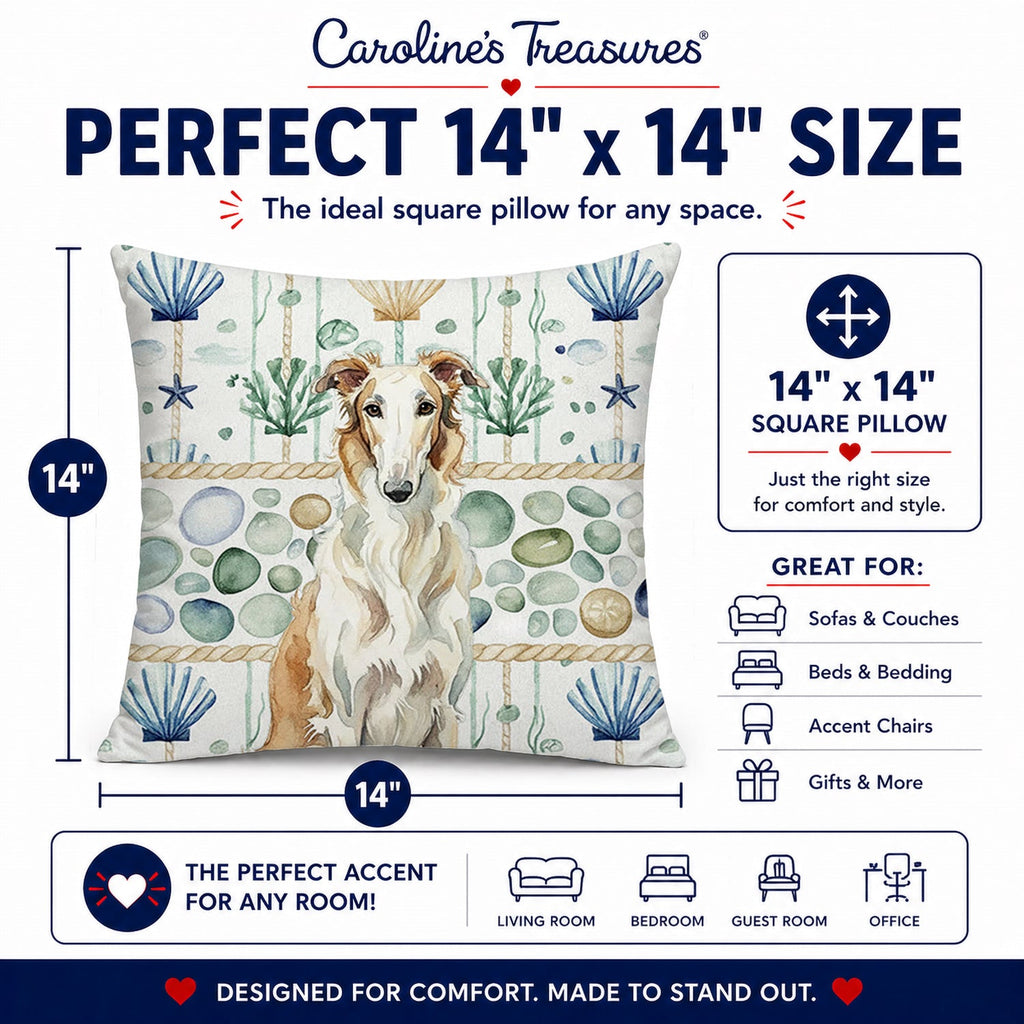 Borzoi Coastal Sea Glass Decorative Throw Pillow 14x14 Indoor Outdoor Accent Cushion, Fabric Cover with Insert for Sofa, Bed, Porch & Living Room