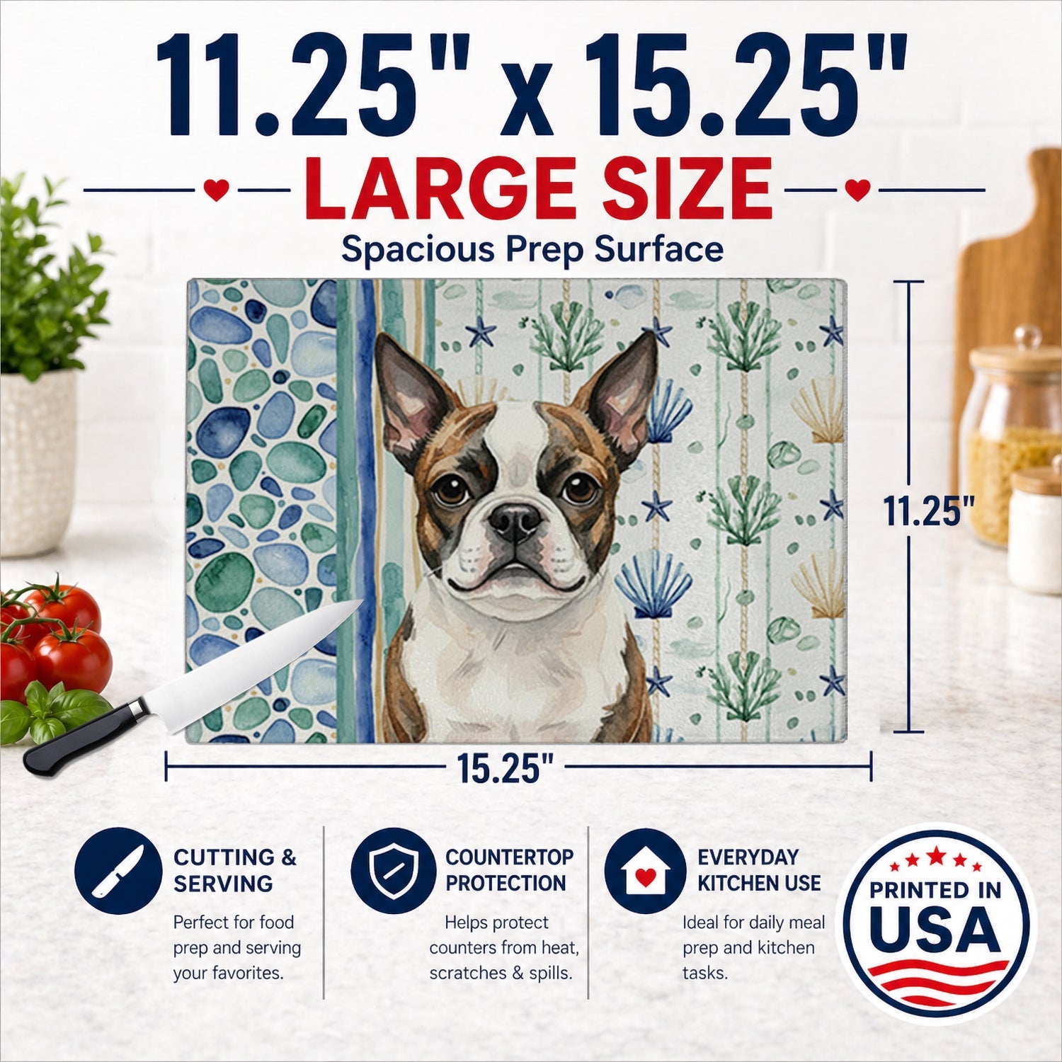 Brindle Boston Terrier Coastal Sea Glass Cutting Board Tempered Glass Kitchen Cutting Surface, Heat Resistant Chopping, Non-Slip Feet, Food Prep & Serving