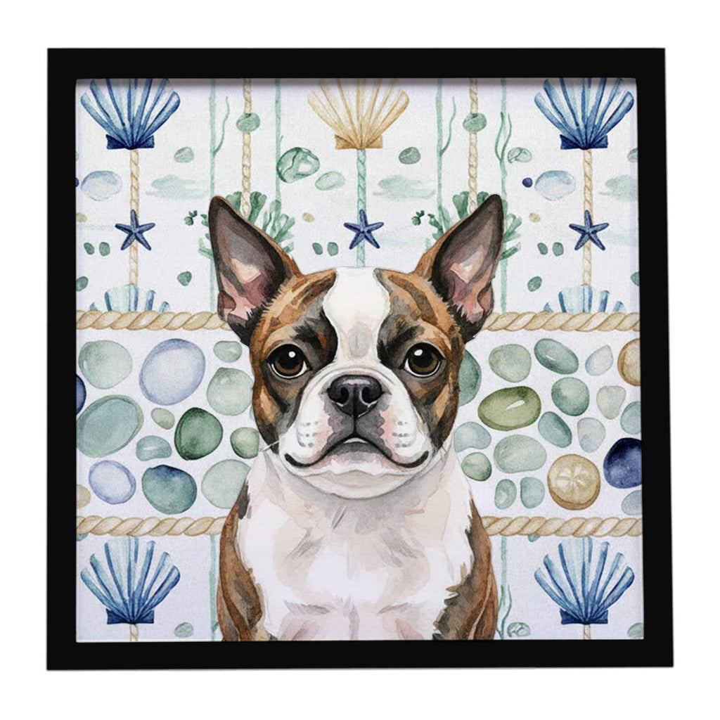Brindle Boston Terrier Coastal Sea Glass Framed Metal Print Bathroom, Kitchen, Office, Home Decor Wall Art Ready to Hang, Square, 8X8
