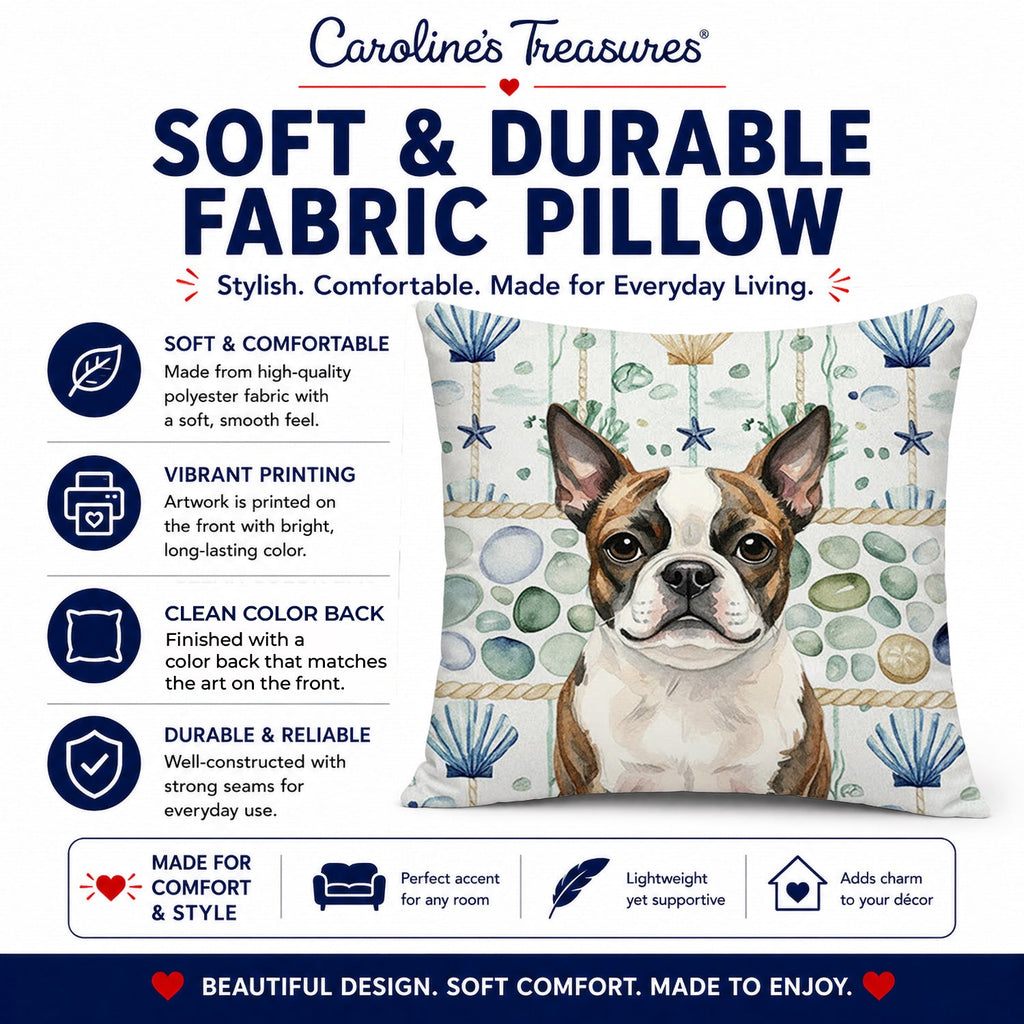 Brindle Boston Terrier Coastal Sea Glass Decorative Throw Pillow 14x14 Indoor Outdoor Accent Cushion, Fabric Cover with Insert for Sofa, Bed, Porch & Living Room
