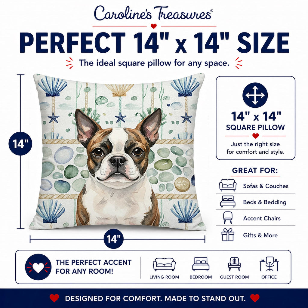 Brindle Boston Terrier Coastal Sea Glass Decorative Throw Pillow 14x14 Indoor Outdoor Accent Cushion, Fabric Cover with Insert for Sofa, Bed, Porch & Living Room