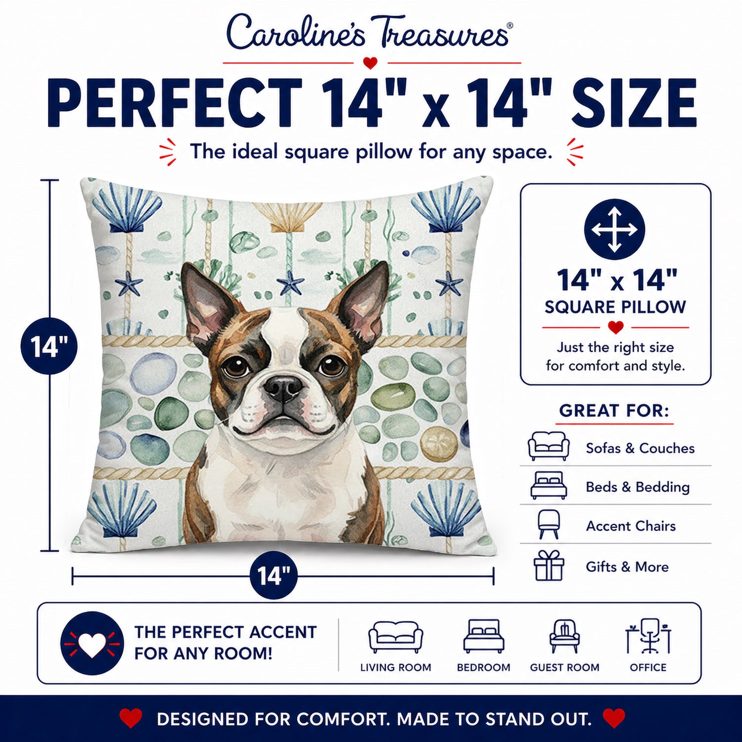 Brindle Boston Terrier Coastal Sea Glass Decorative Throw Pillow 14x14 Indoor Outdoor Accent Cushion, Fabric Cover with Insert for Sofa, Bed, Porch & Living Room